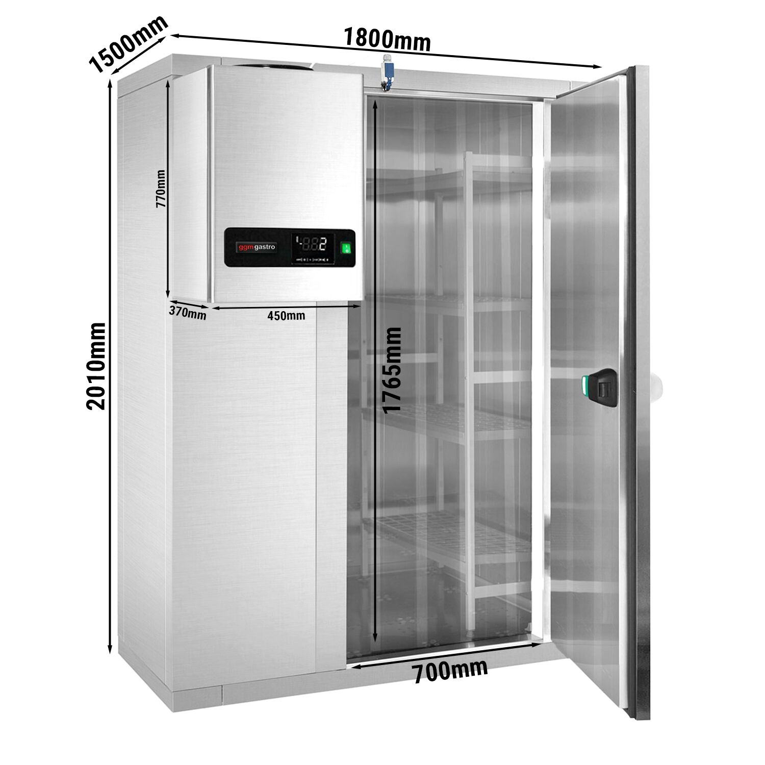 Chambre de congélation en inox – 1800 × 1500 mm – 3,47 m³ – avec groupe de congélation et rideaux à lamelles inclus