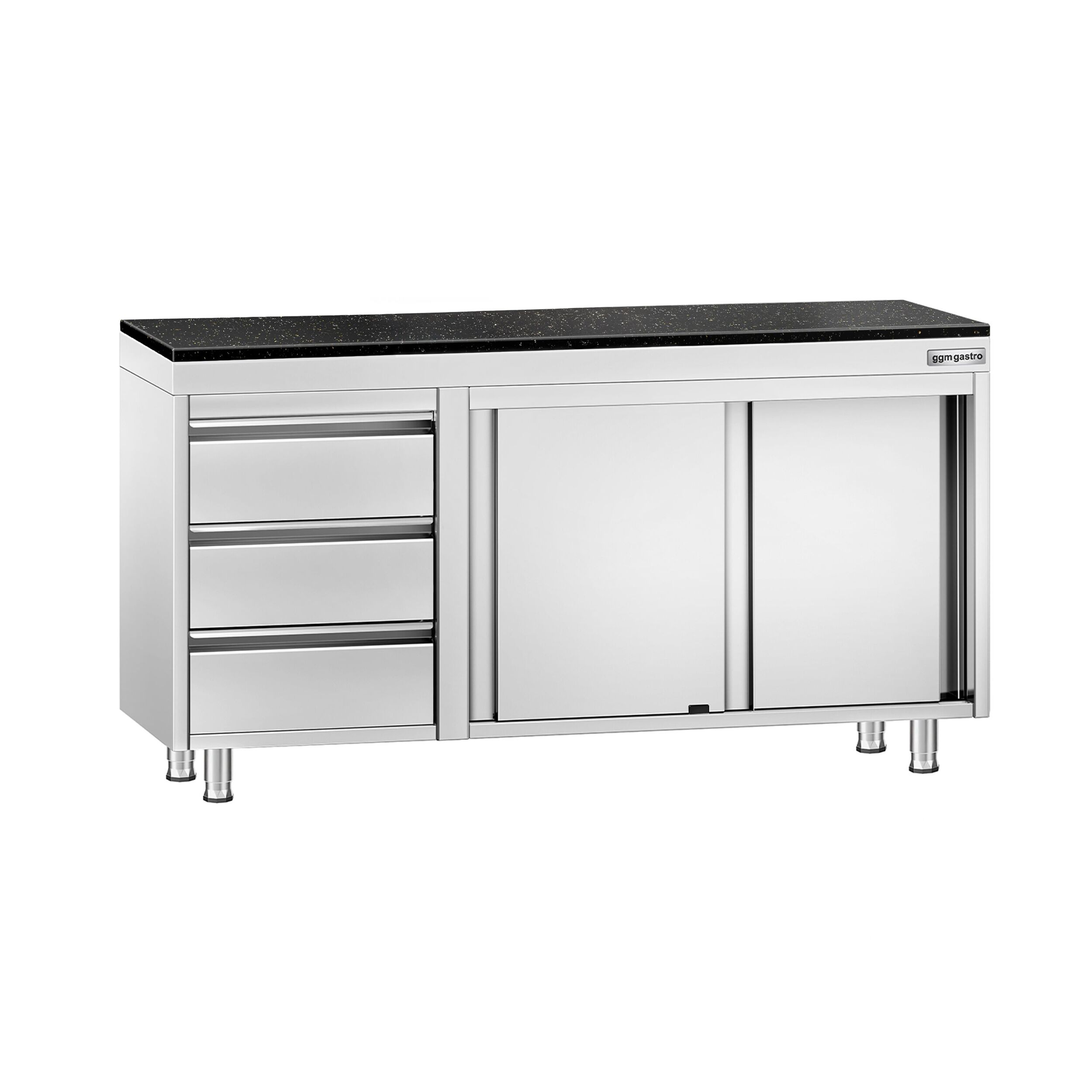 Roestvrijstalen werkkast PREMIUM - 1400 x 700 mm - met 3 lades links - incl. granieten werkblad