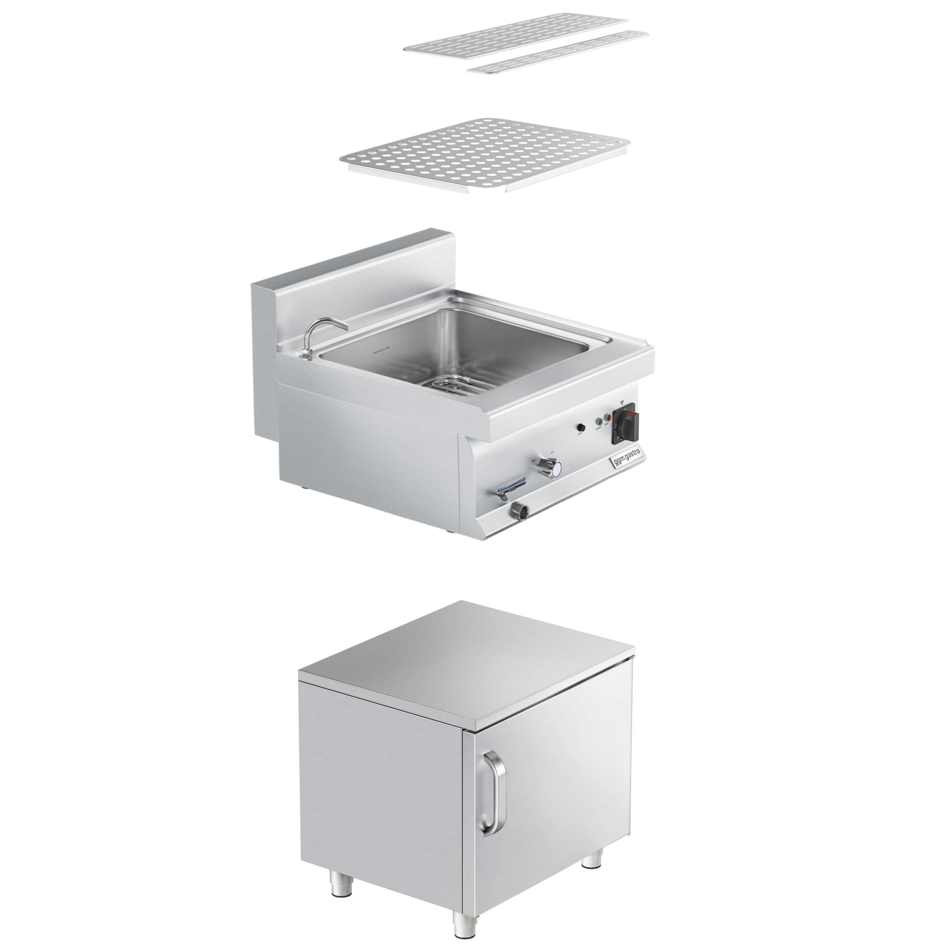 Cuiseur à pâtes électrique avec robinet – 28 L – 9 kW – incl. soubassement avec 2 portes