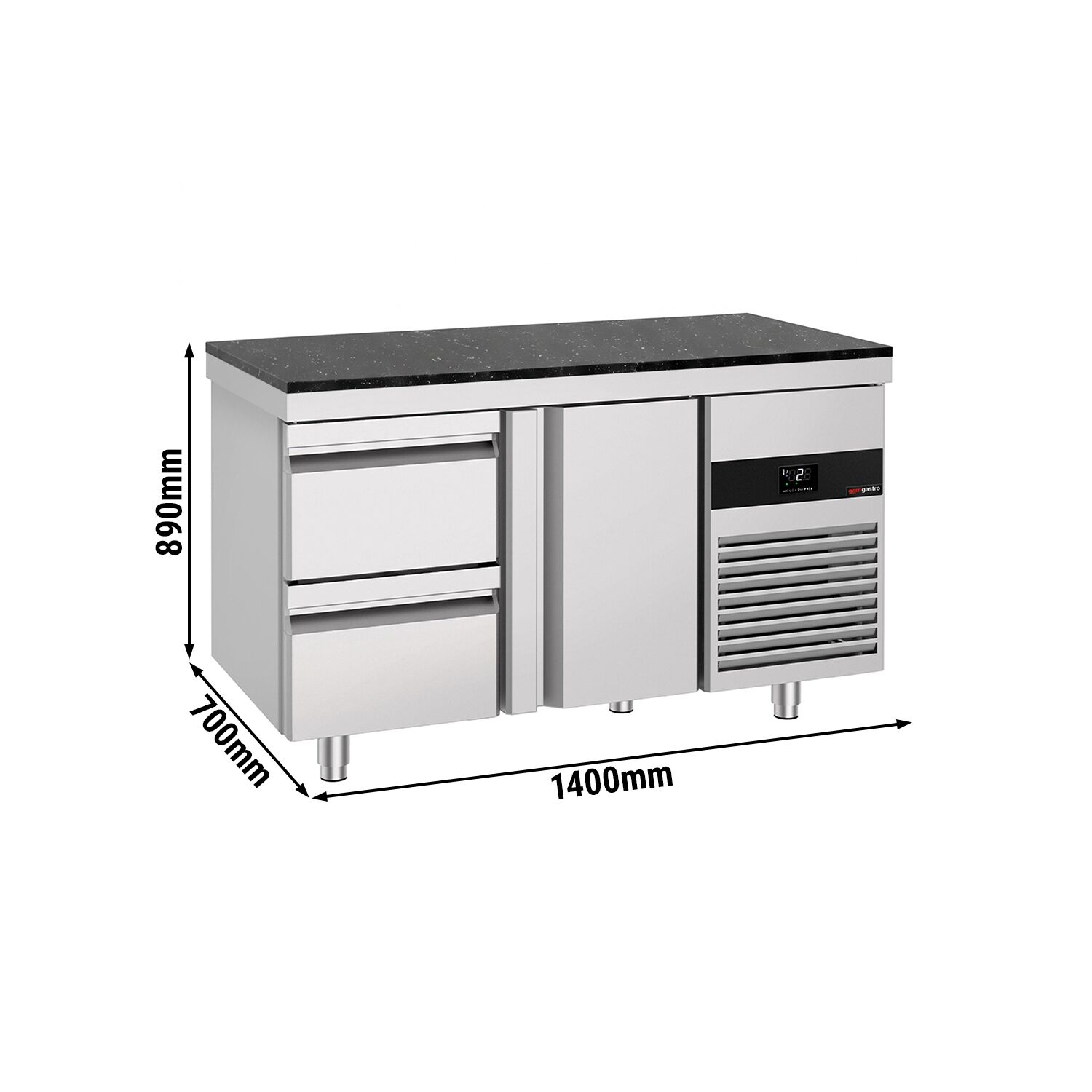 PREMIUM Refrigerated Counter – 1400 × 700 mm – with 1 Door & 2 Drawers – incl. Granite Worktop