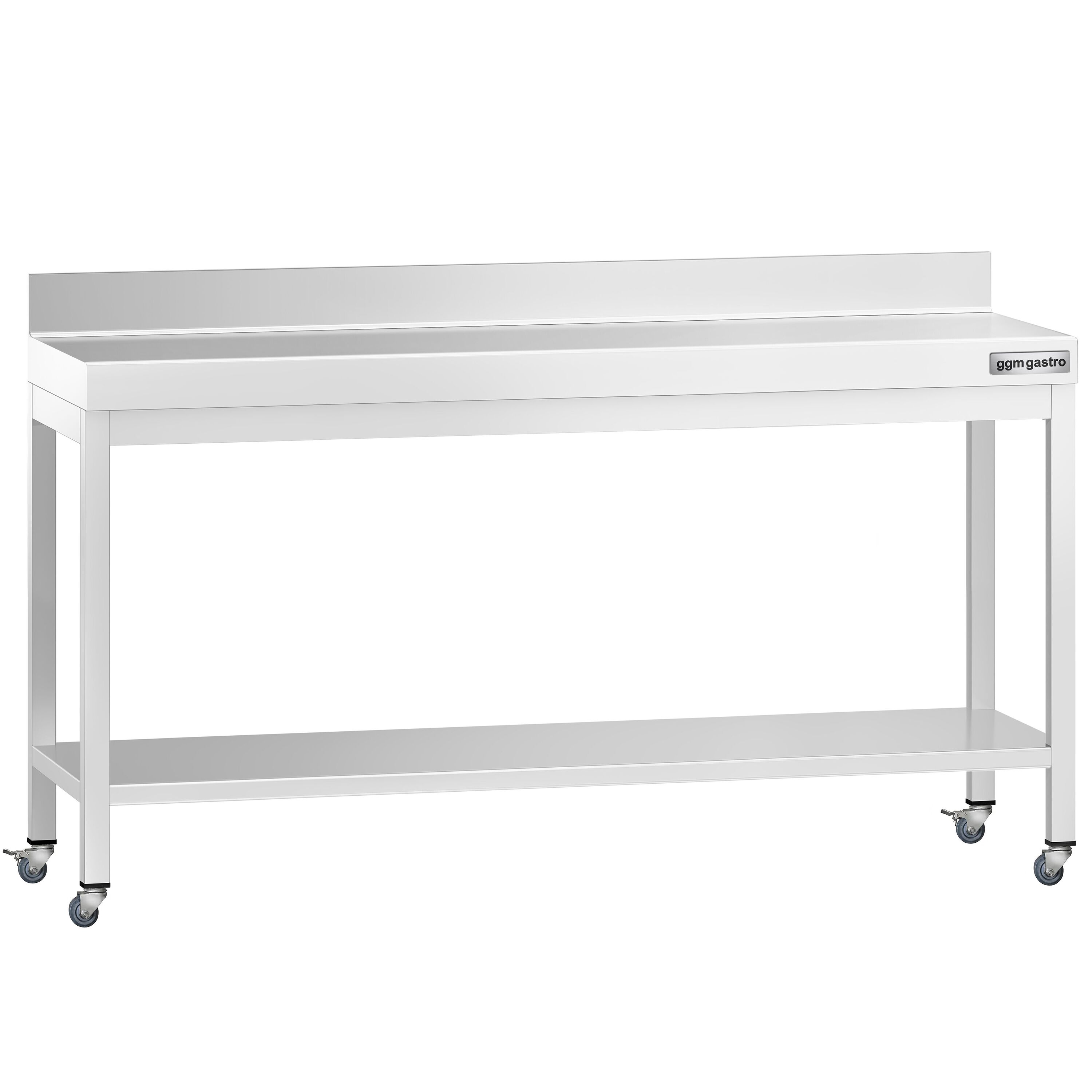 Table de travail en inox PREMIUM - 2000 x 600 mm - avec tablette inférieure, dosseret et roulettes