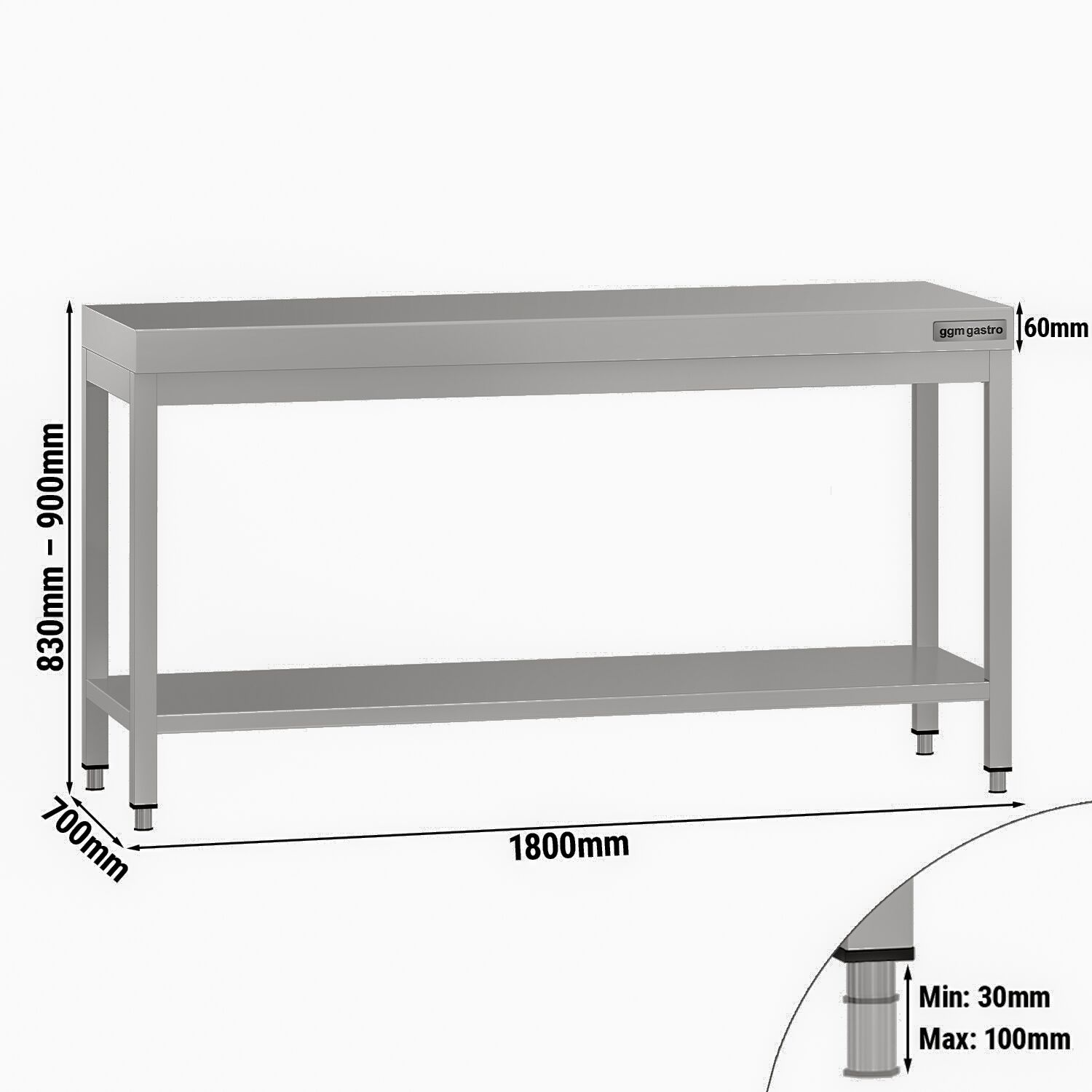 Table de travail en inox ECO – 1800 × 700 mm – avec tablette inférieure