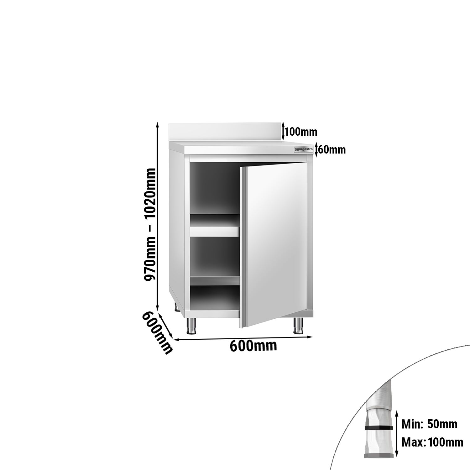 Table armoire en acier inoxydable PREMIUM - 600x600mm - avec portes battantes - avec dosseret