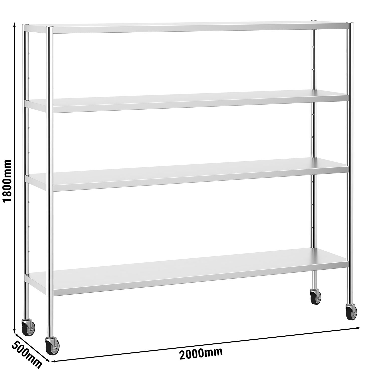 Étagère en inox PREMIUM - 2000 x 500 mm - avec 4 étagères (réglables) - incl. 4 roulettes