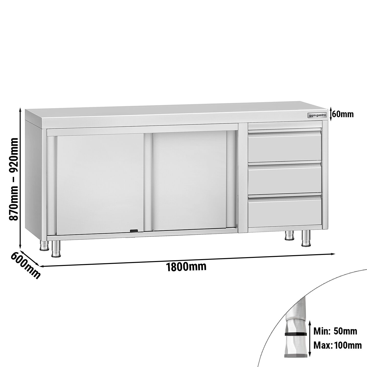 Table armoire en acier inoxydable ECO - 1800x600mm - avec portes coulissantes et 3 tiroirs à droite et étagère basse