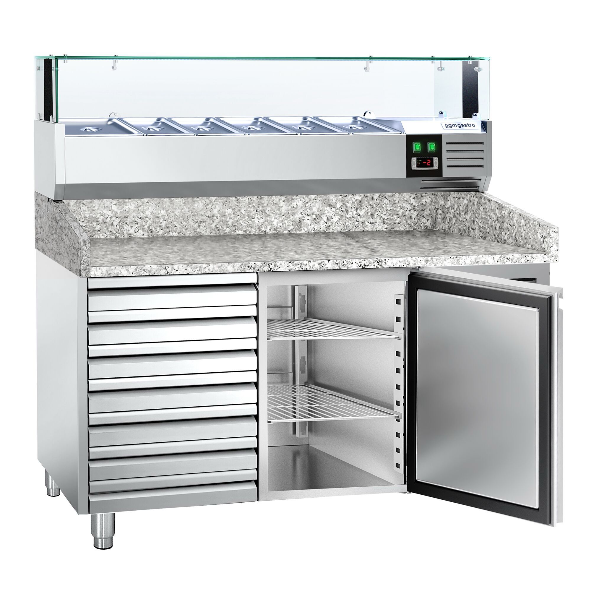 Table réfrigérée pour pizza PREMIUM - 1500 x 800 mm - avec 1 porte & 7 tiroirs - incl. vitrine réfrigérée avec LED - 5 x GN 1/3 + 1 x GN 1/2