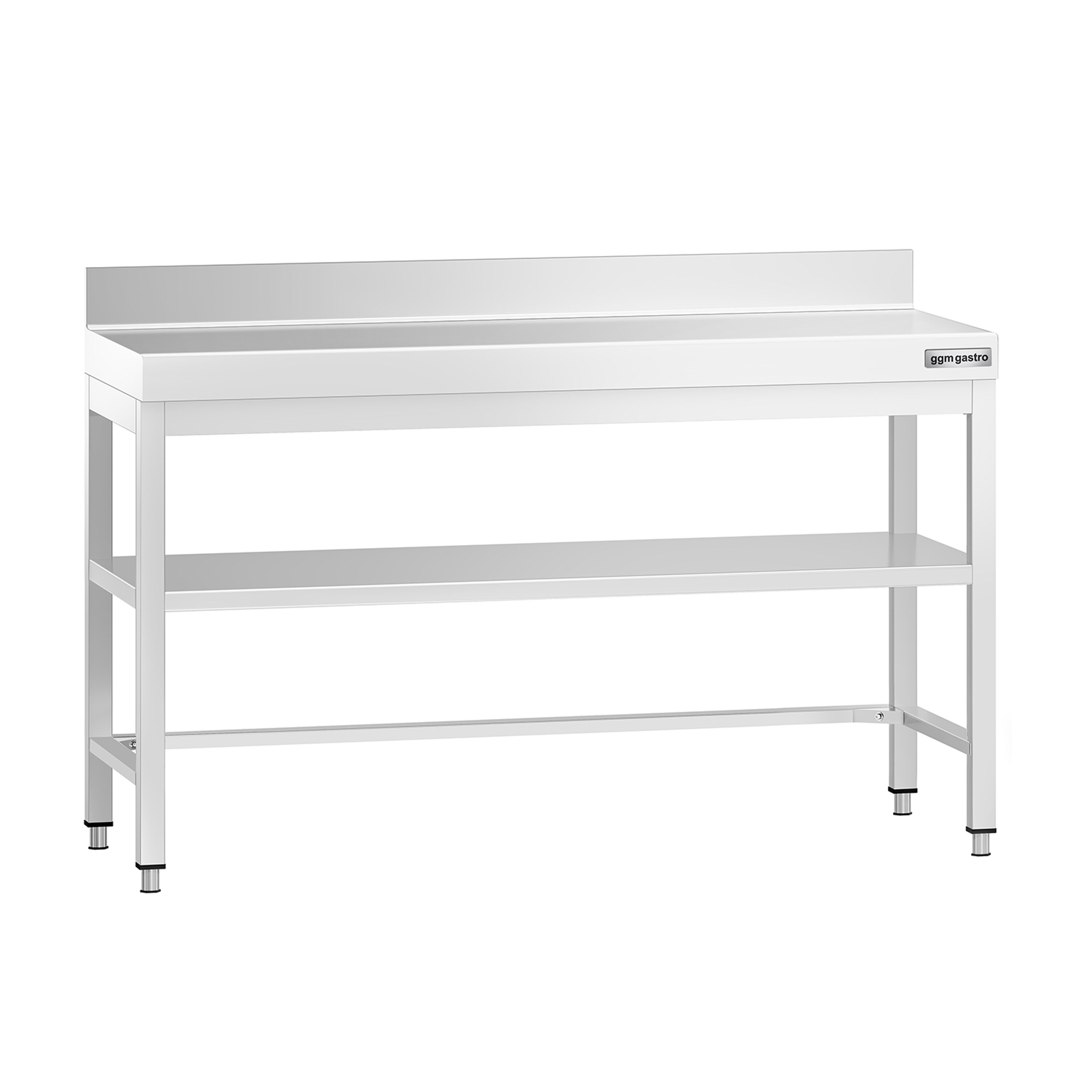 Table de travail en inox PREMIUM – 1400x600 mm – avec tablette inférieure, dosseret et renforts