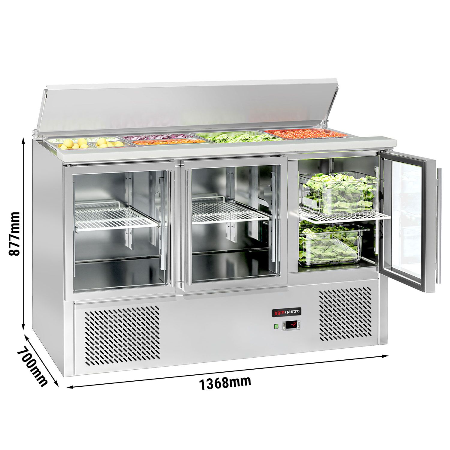 Saladette réfrigérée ECO - 1368mm - 368L - 3 portes vitrées - avec découpe pour 4x GN 1/1 & Couvercle inox