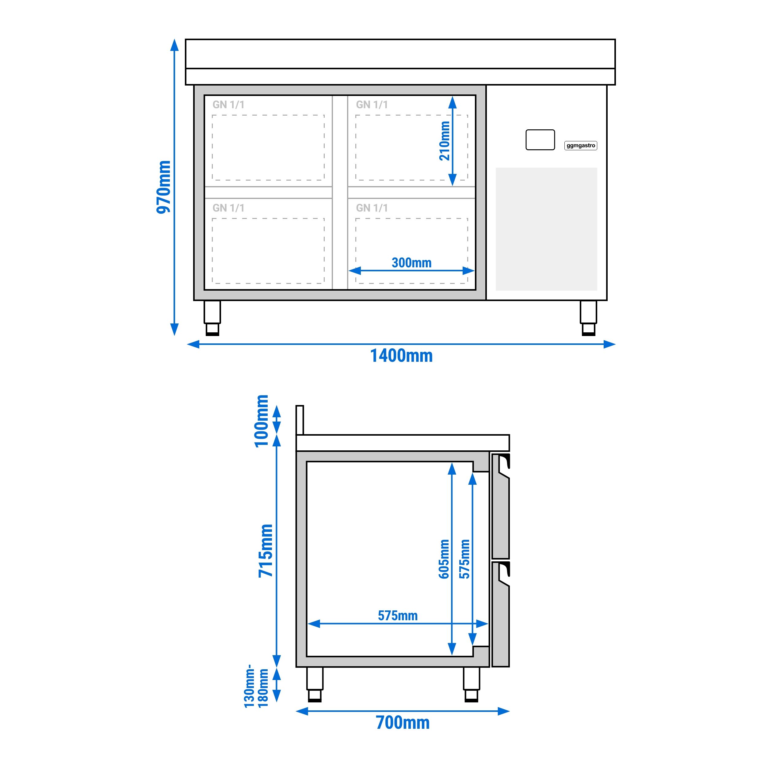 Table réfrigérée PREMIUM - 1400 x 700 mm - avec 4 tiroirs - dosseret
