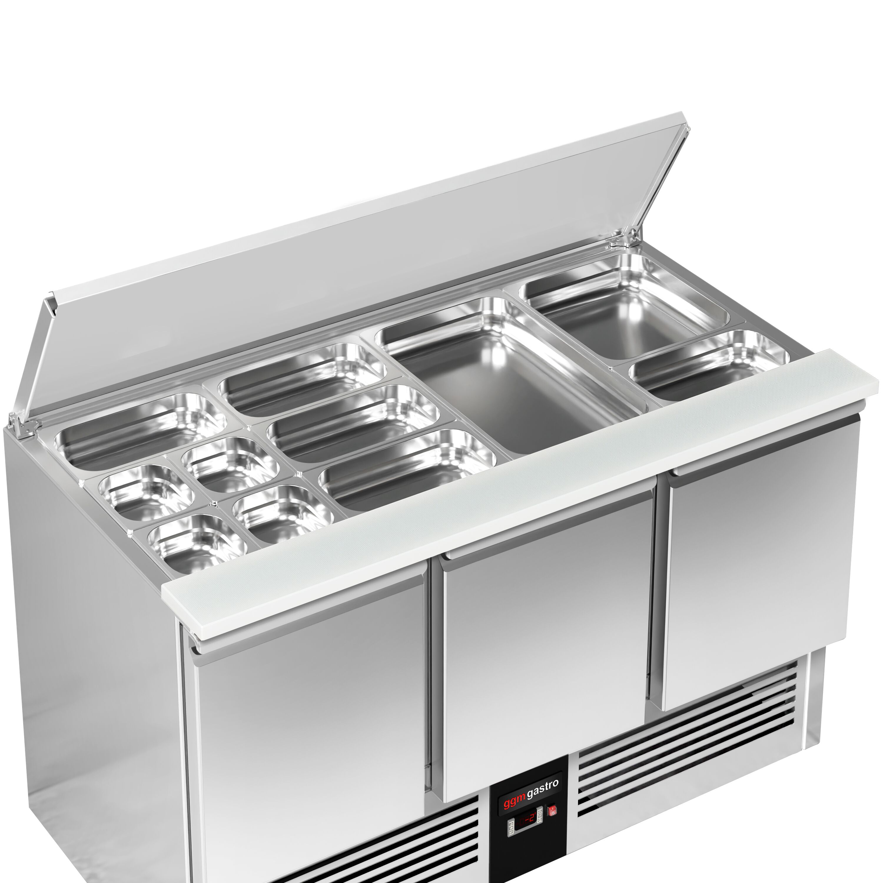 Saladette réfrigérée PREMIUM - 1368mm - 368L - 3 portes - avec découpe pour 4x GN 1/1 & Couvercle inox