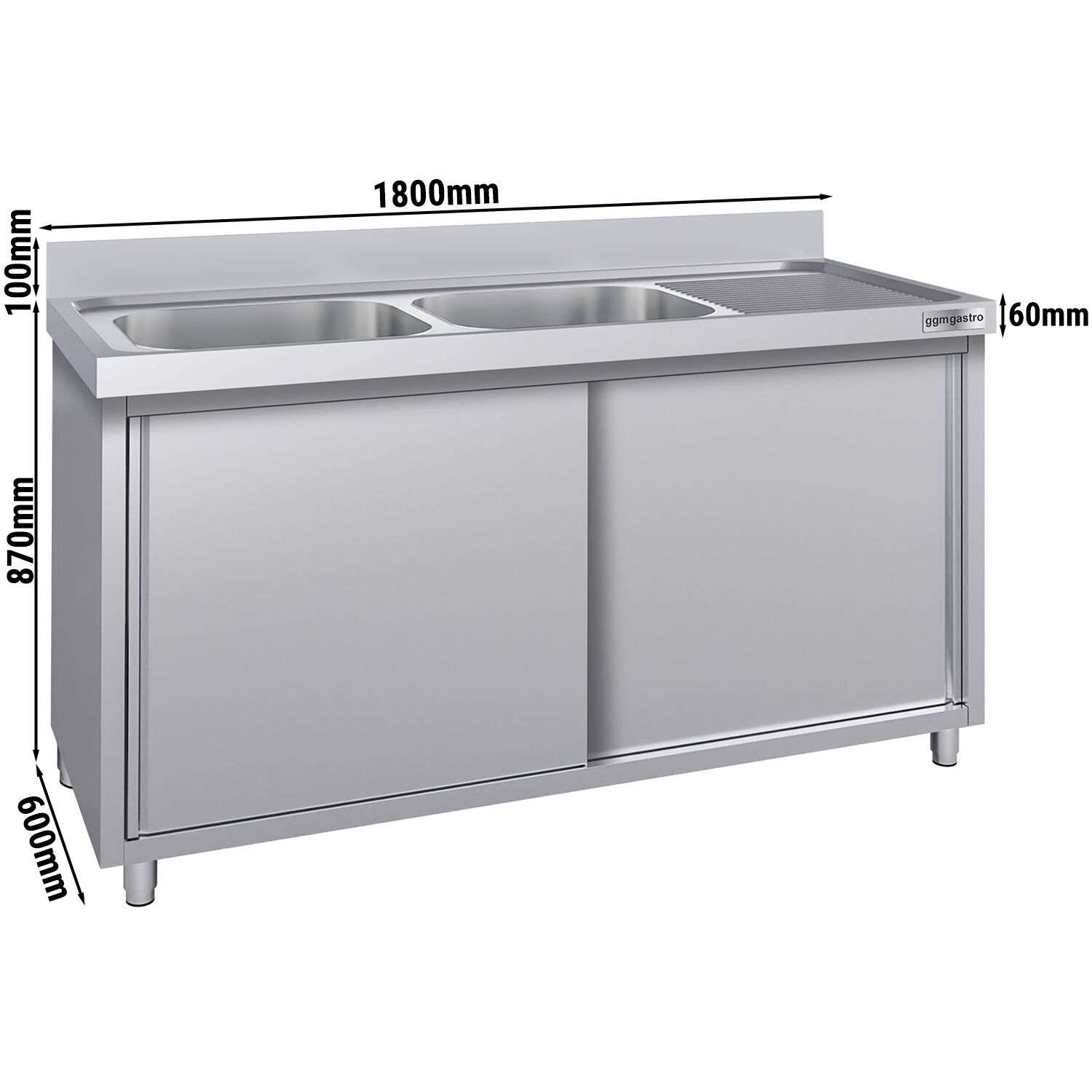 Meuble évier ECO - 1800 x 600 mm - avec 2 bacs à gauche