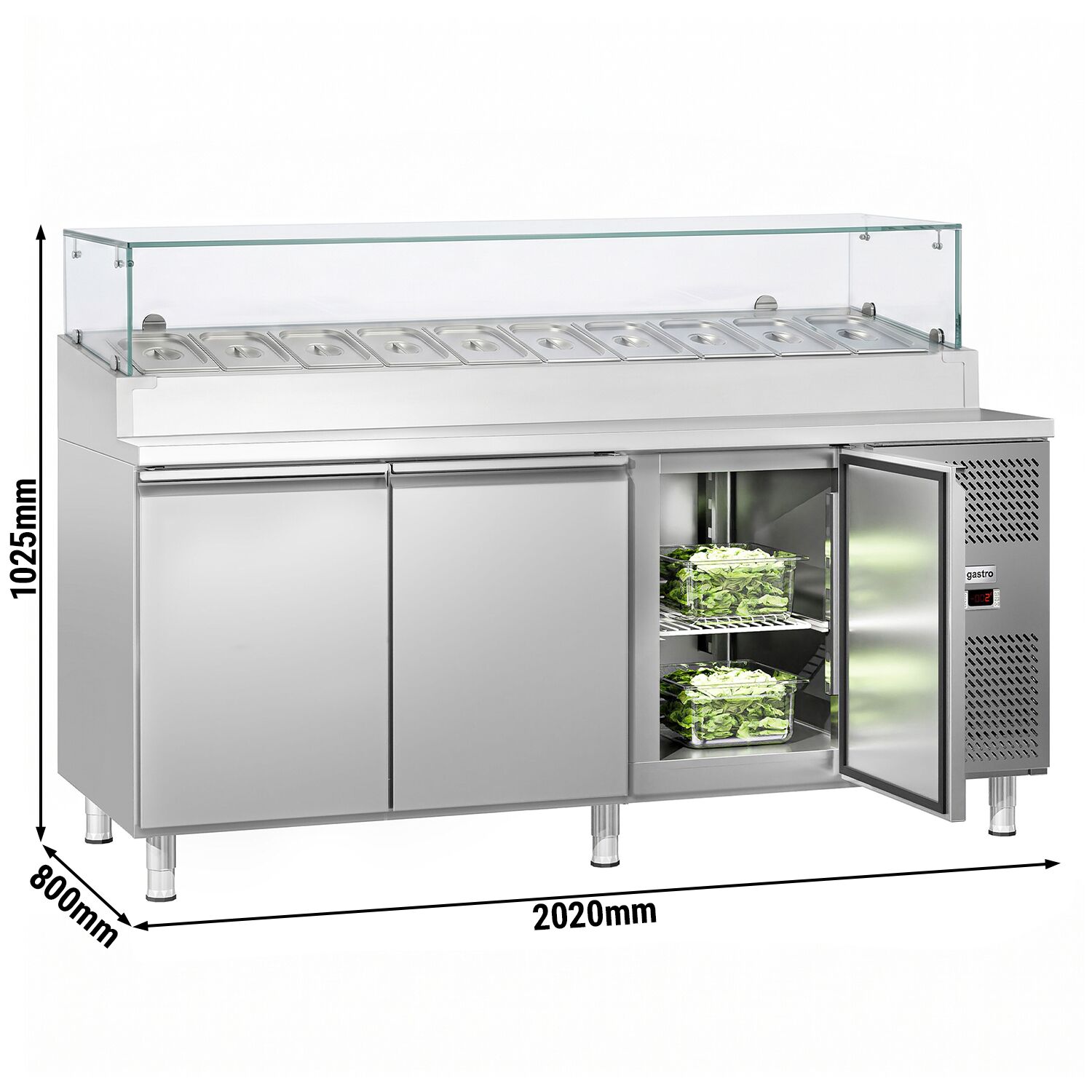 Zubereitungstisch ECO - 2020mm - 3 Türen - mit Glasaufsatz - für 10x GN 1/3