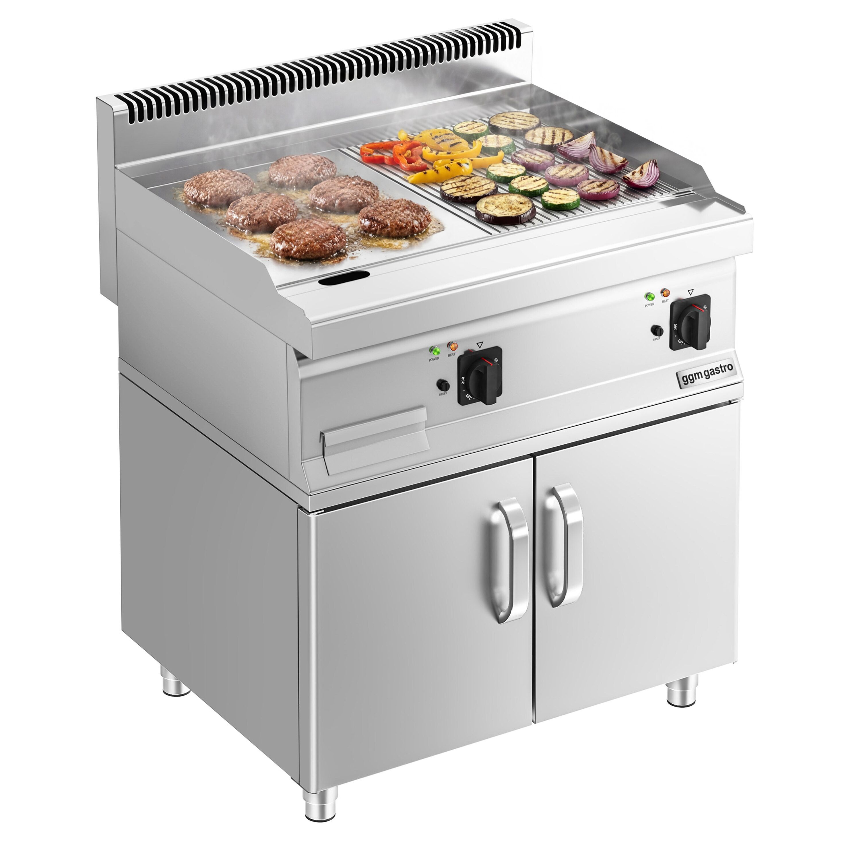 Commercial Electric Griddle - 7.1kW - Smooth/Ribbed Plate (half & half) - Cooking area: 795x535mm - with Cabinet Base - 2 Doors