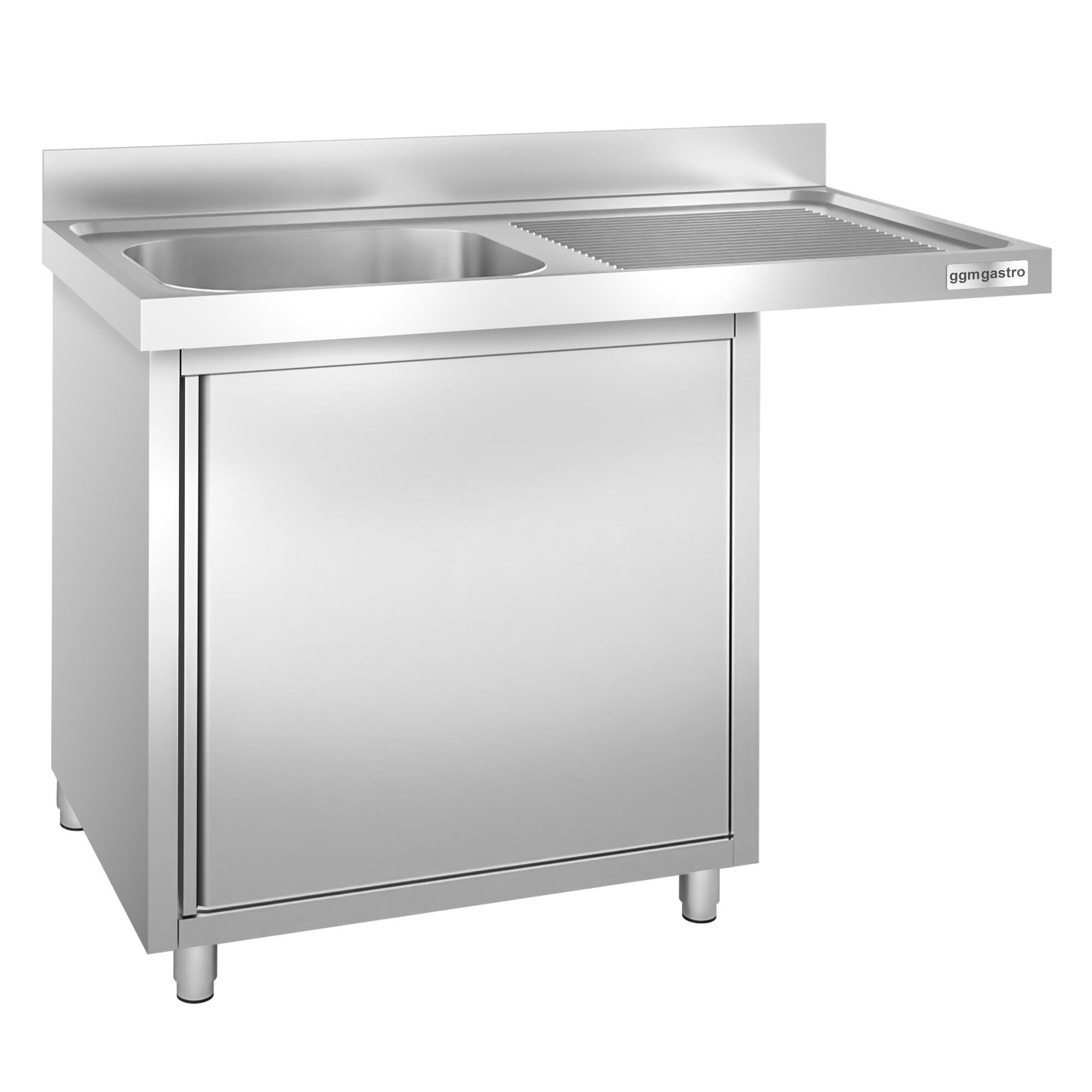Meuble plonge inox professionnel PREMIUM - 1200x600mm - 1 bac à gauche - avec égouttoir à droite - passage lave-vaisselle à droite - avec portes battantes