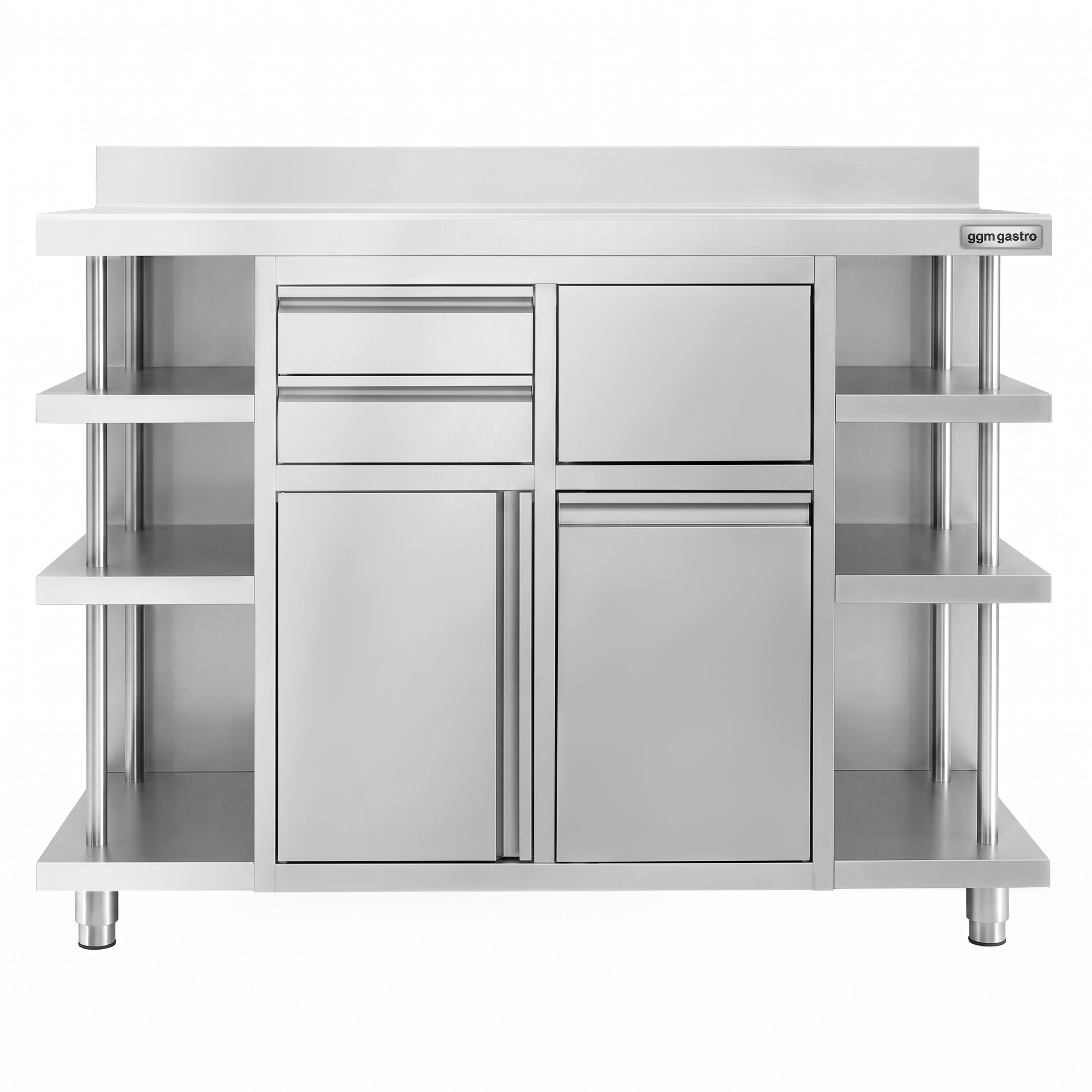 Work cabinet – for coffee machine – 1400 x 600 mm – with 1 hinged door, 2 drawers, waste bin, 6 shelves & upstand