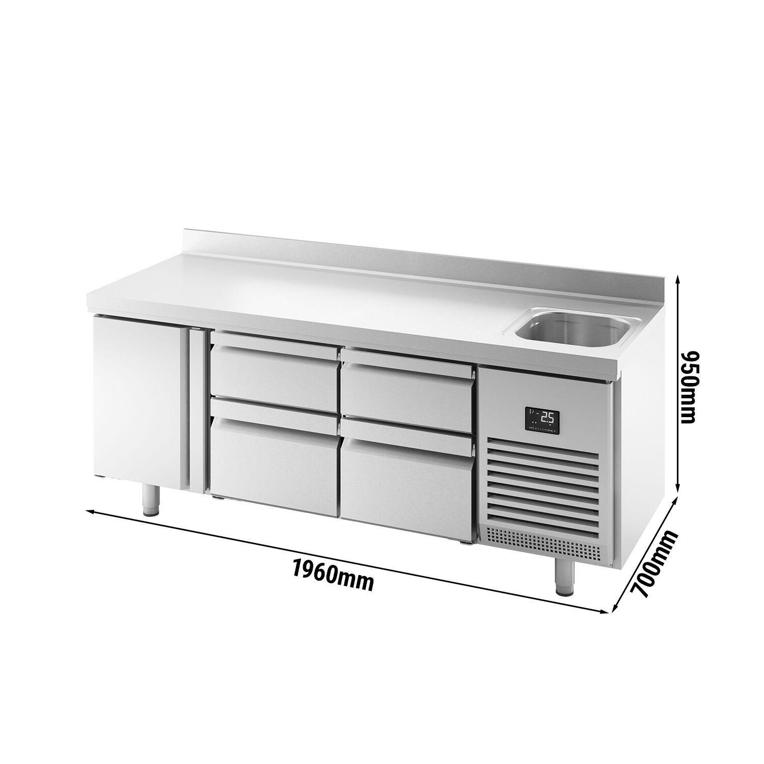Table réfrigérée Premium PLUS - 1960 x 700 mm - avec 1 bac, 1 porte, 4 tiroirs - dosseret