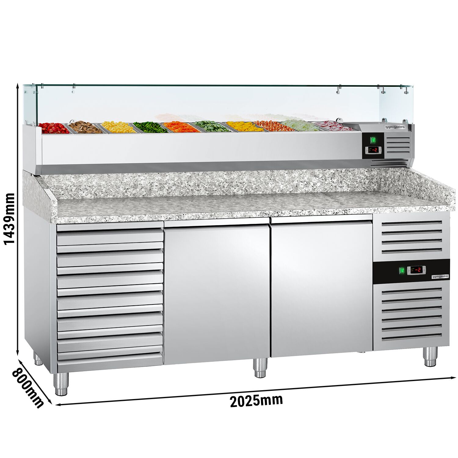 Table réfrigérée à pizza ECO - 2000 x 800 mm - avec 2 portes et 7 tiroirs - incl. vitrine réfrigérée - 9 x GN 1/3