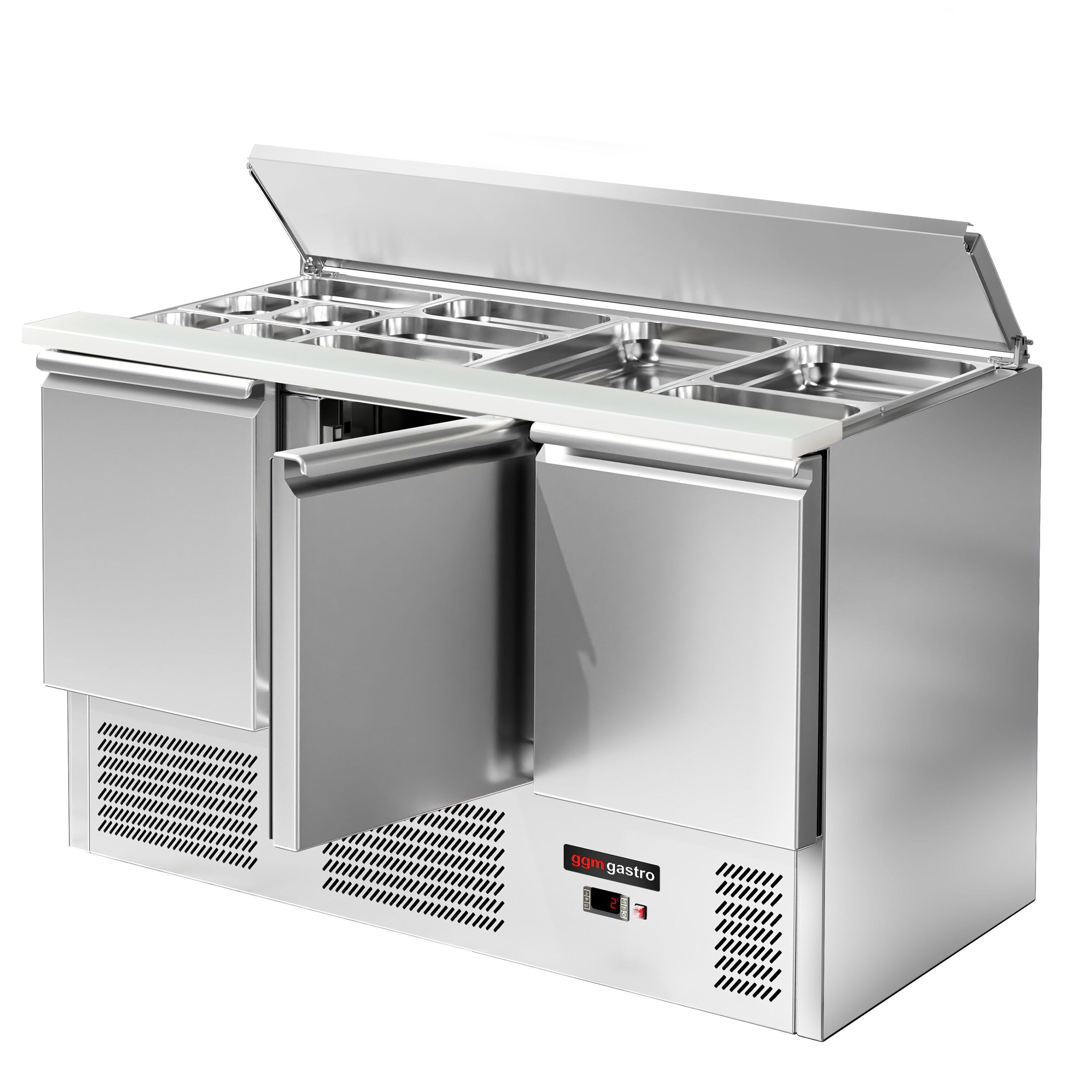 Saladette réfrigérée ECO - 1368mm - 368L - façade noire - 3 portes - avec découpe pour 4x GN 1/1 & Couvercle inox