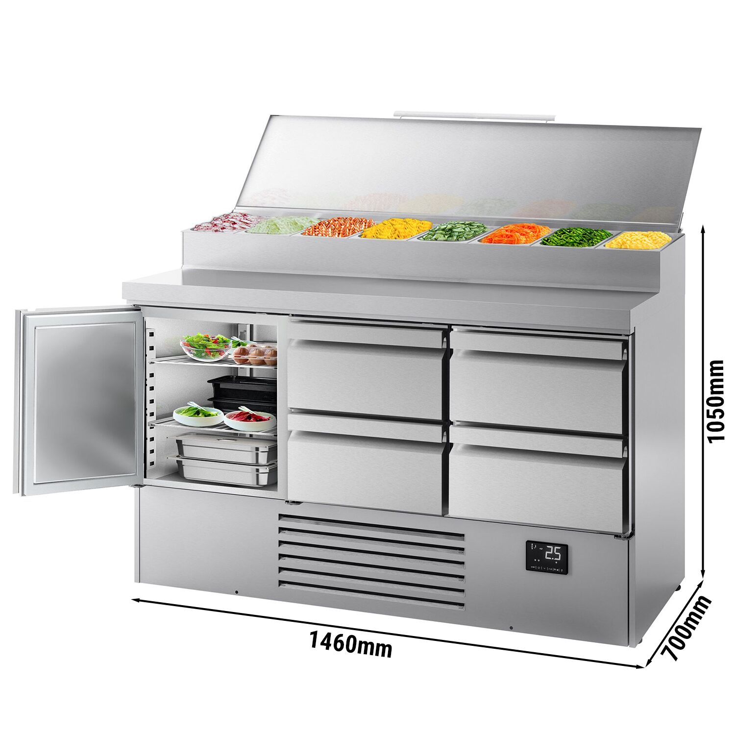 Table réfrigérée de préparation Mini - 1460 x 700 mm - avec 1 porte et 4 tiroirs - avec superstructure en inox 8 x GN 1/4