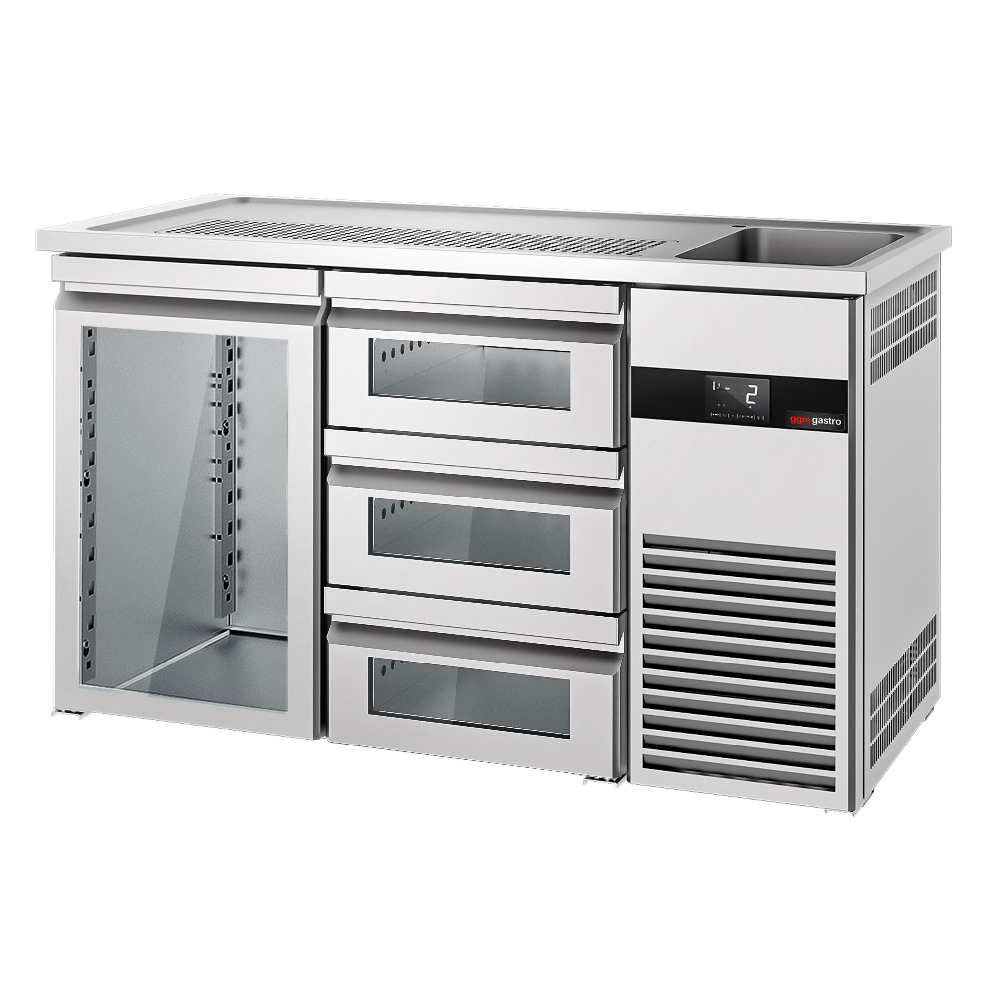 Comptoir de bar réfrigéré PREMIUM - 1550x700mm - 1 porte vitrée & 3 tiroirs en verre