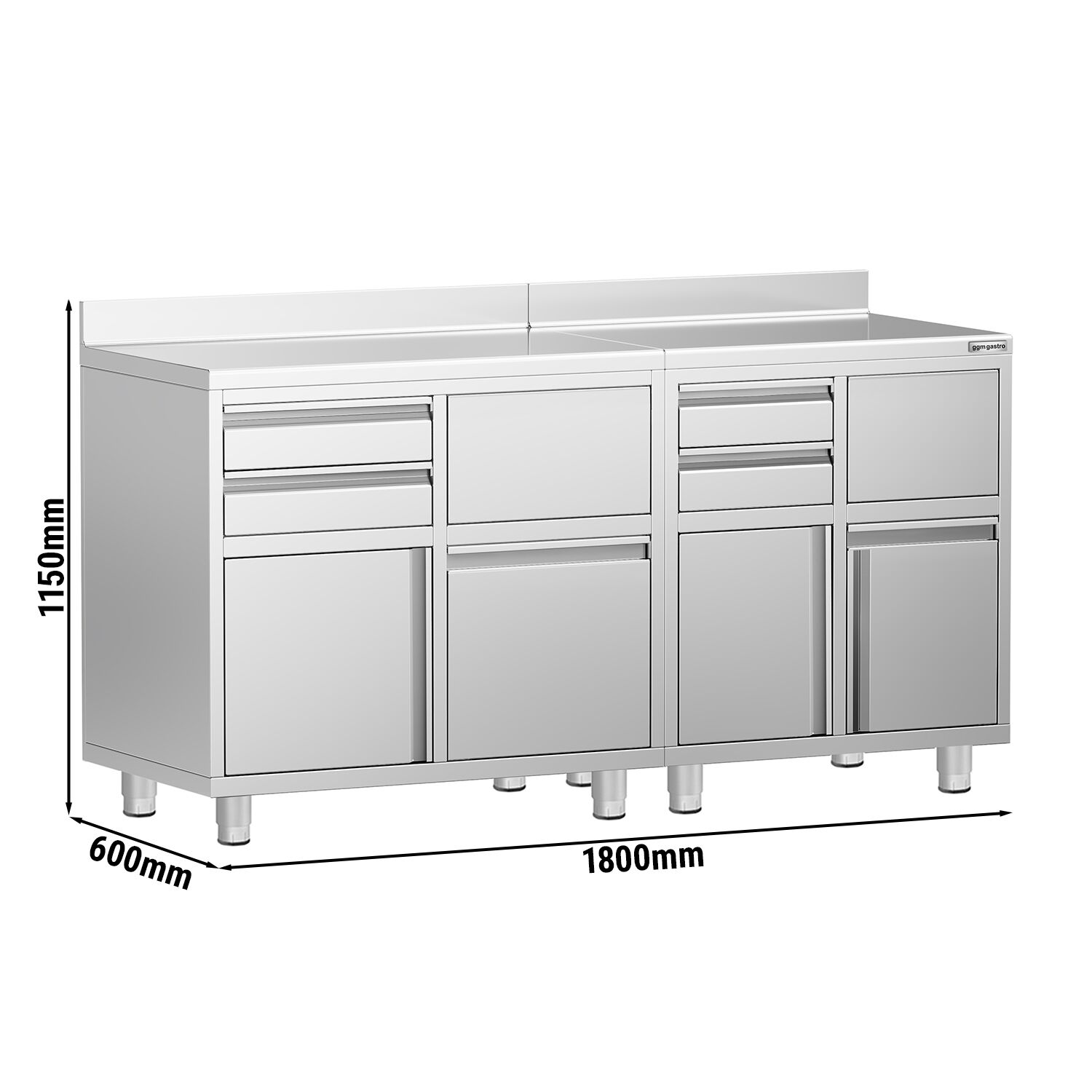 Armoire de travail PREMIUM pour machine à café filtre - 1400x600mm - avec dosseret - 4 tiroirs, 2 portes battantes, 2 tiroirs à marc de café