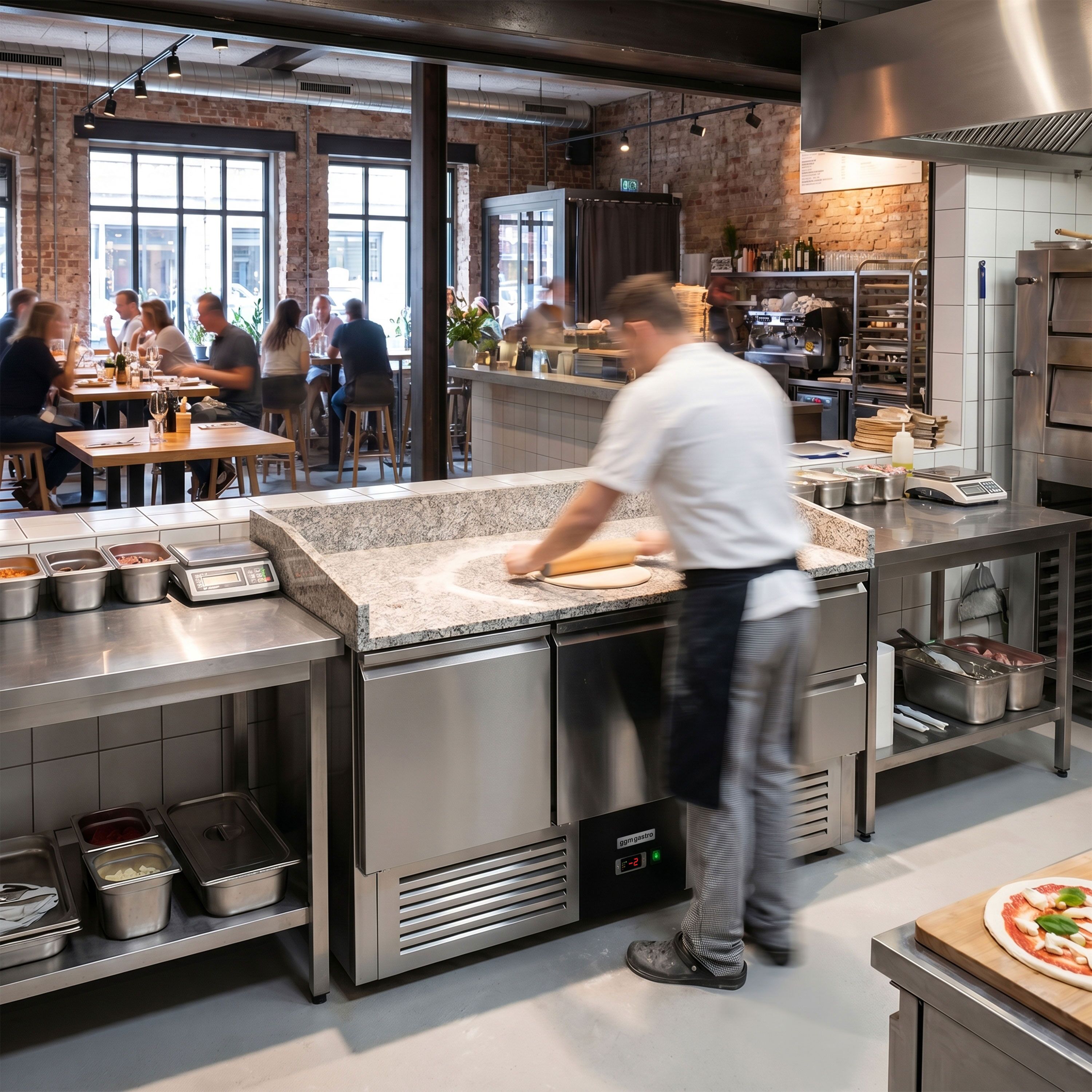 Banco pizza refrigerato PREMIUM - 1400x700mm - con 2 porte & 2 cassetti - piano in granito