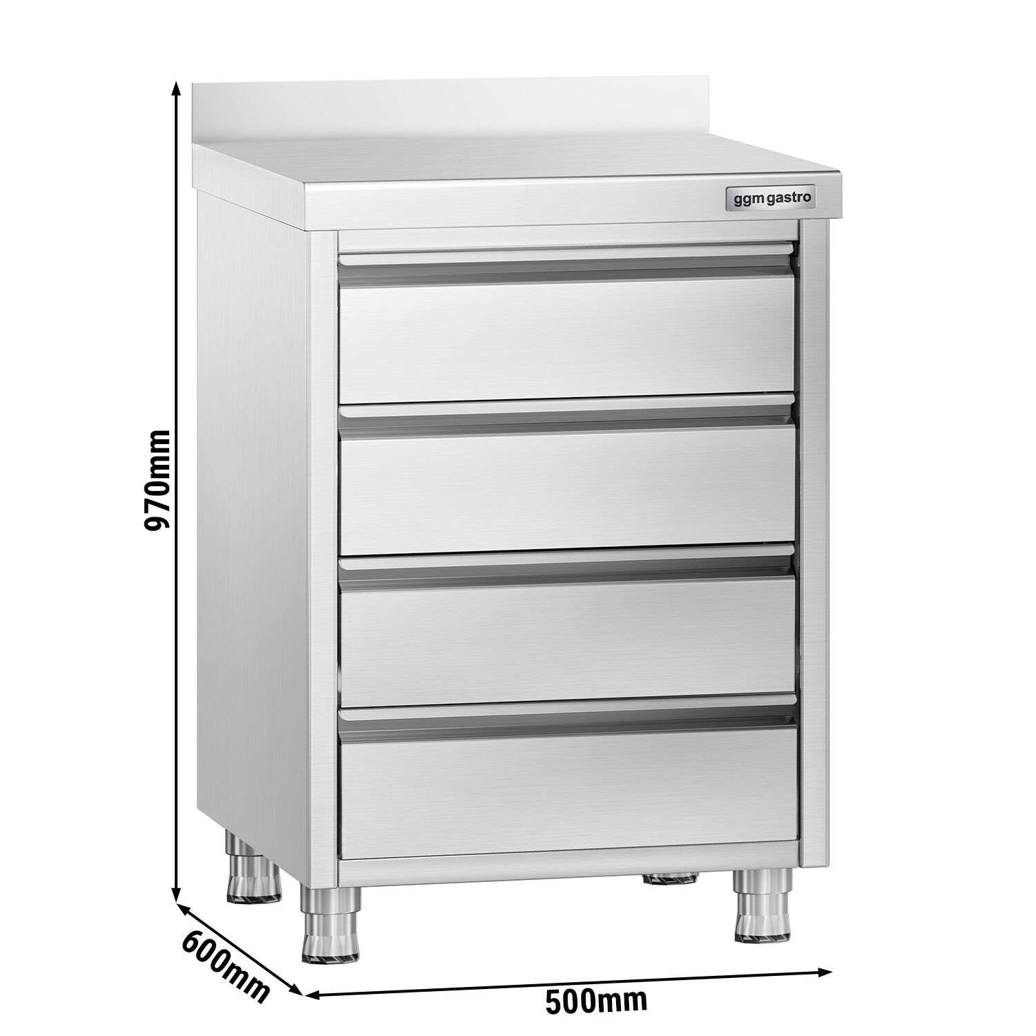 Meuble bas à tiroirs PREMIUM - Acier inoxydable - avec 4 tiroirs & dosseret 100mm - 500x600mm