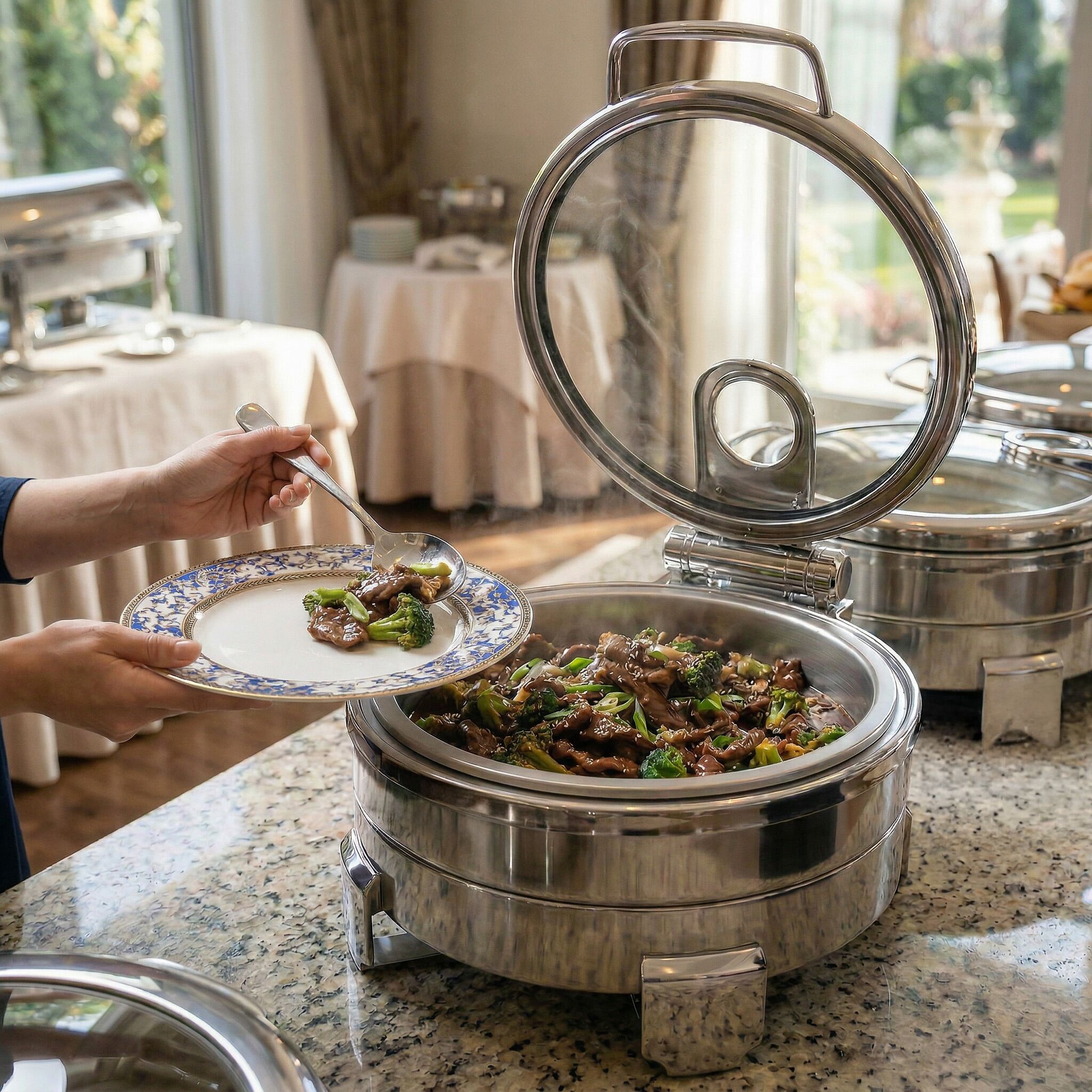 Chafing dish - Rond - avec couvercle en verre à fermeture douce (Soft-Close) - 5.7L