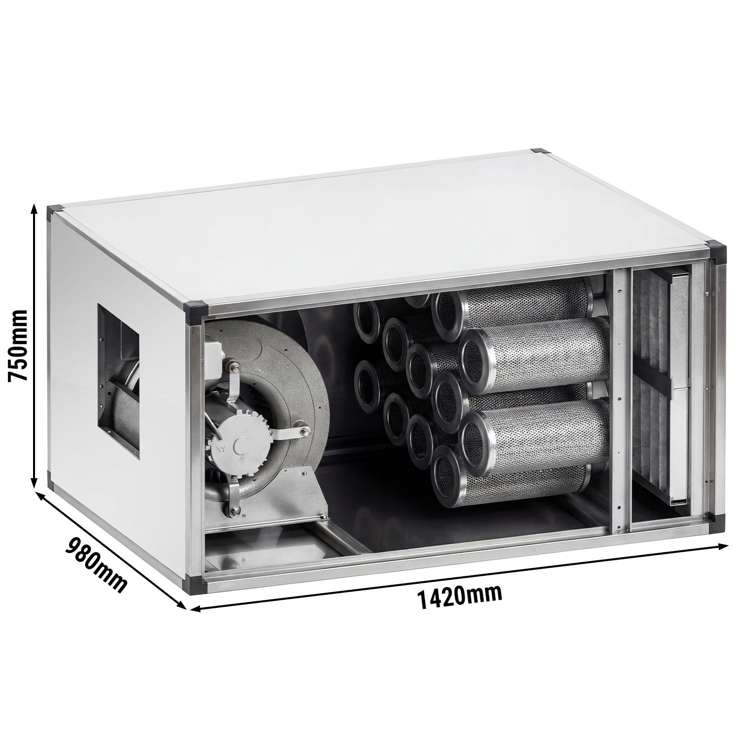 Système de purification d’air extrait avec moteur – 4 400 m³/h – taux de séparation 70 % – avec préfiltre et filtre à charbon actif