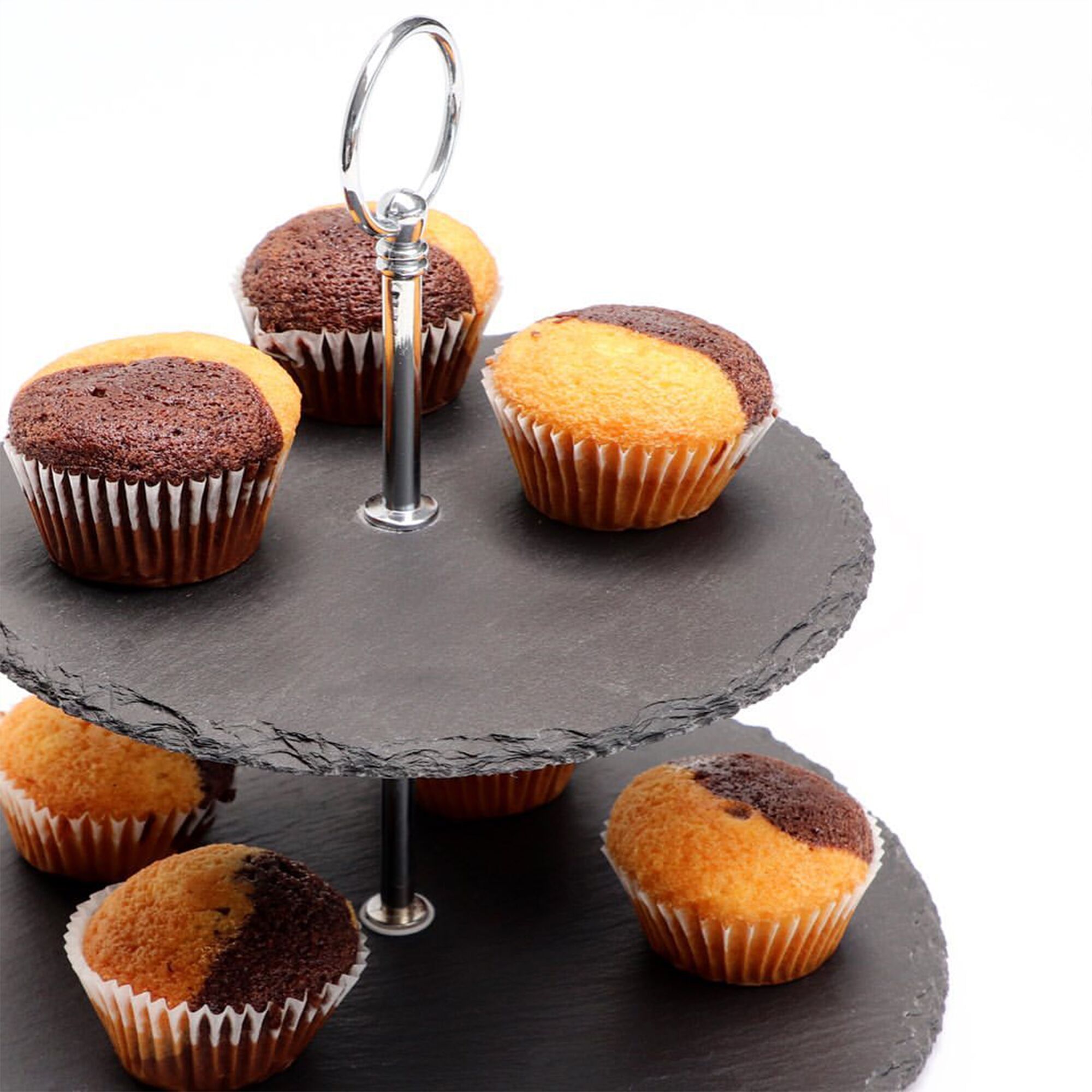 Présentoir buffet - 2 niveaux - Rond - Structure en métal - Plateaux en ardoise