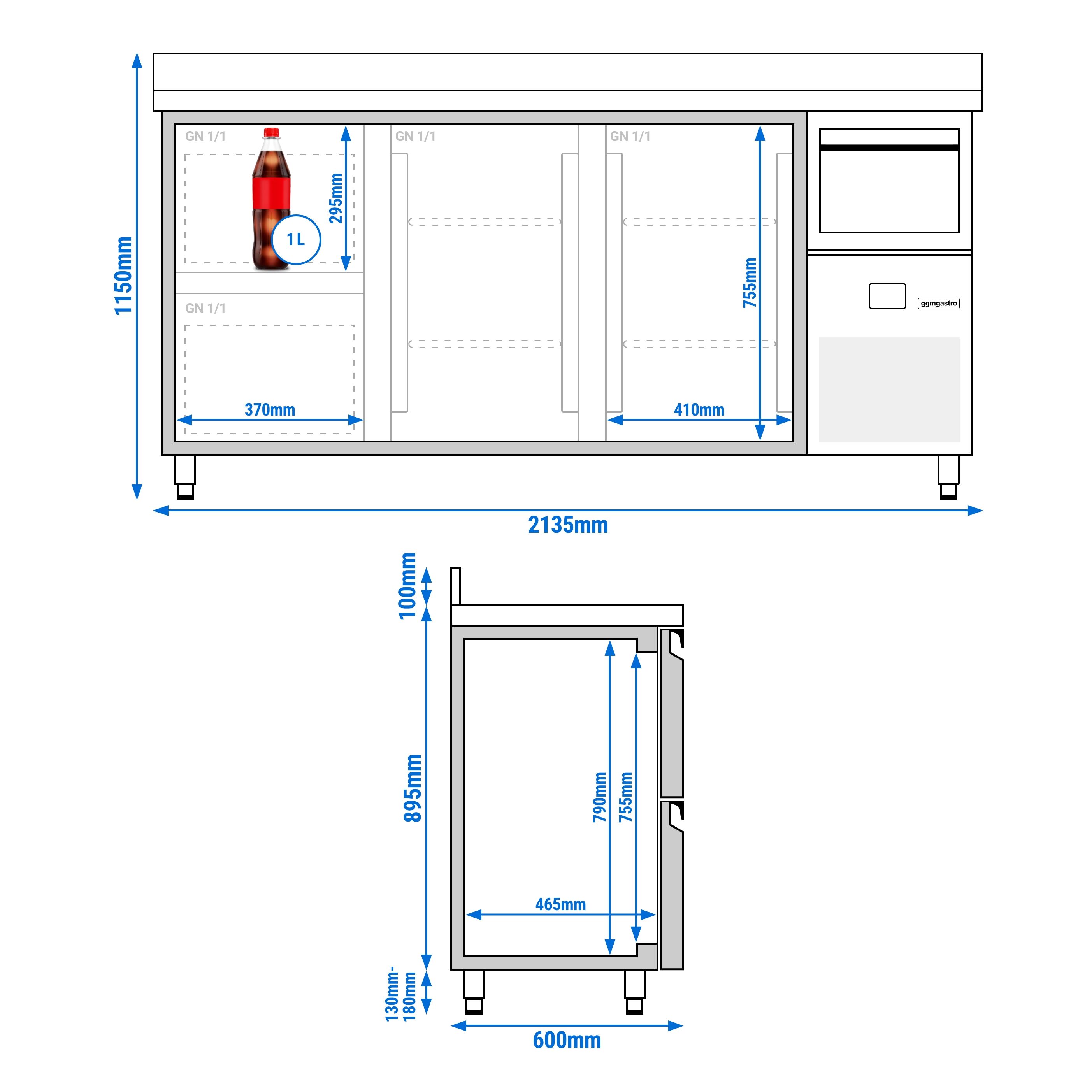 Arrière-bar réfrigéré professionnel  PREMIUM - 2130 x 600 mm - avec 2 portes et 2 tiroirs - avec dosseret - avec tiroir à marc de café