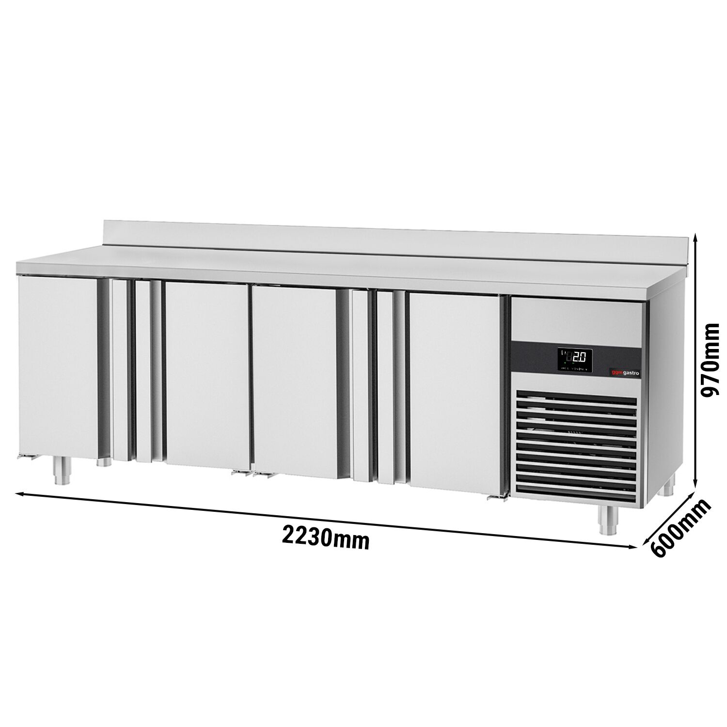 Table réfrigérée PREMIUM - 2330 x 600 mm - avec 4 portes - avec dosseret