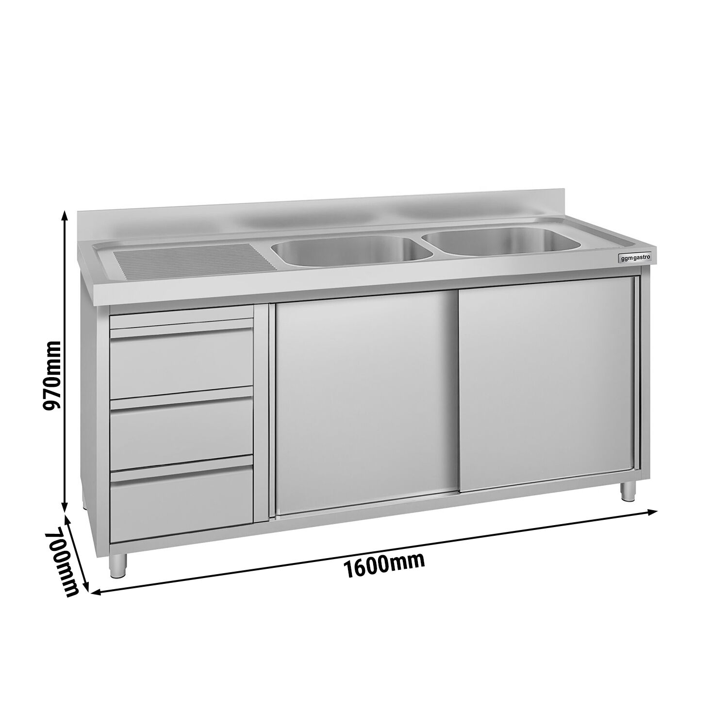 Meuble évier ECO - 1600 x 700 mm - avec 3 tiroirs & 2 bacs à droite