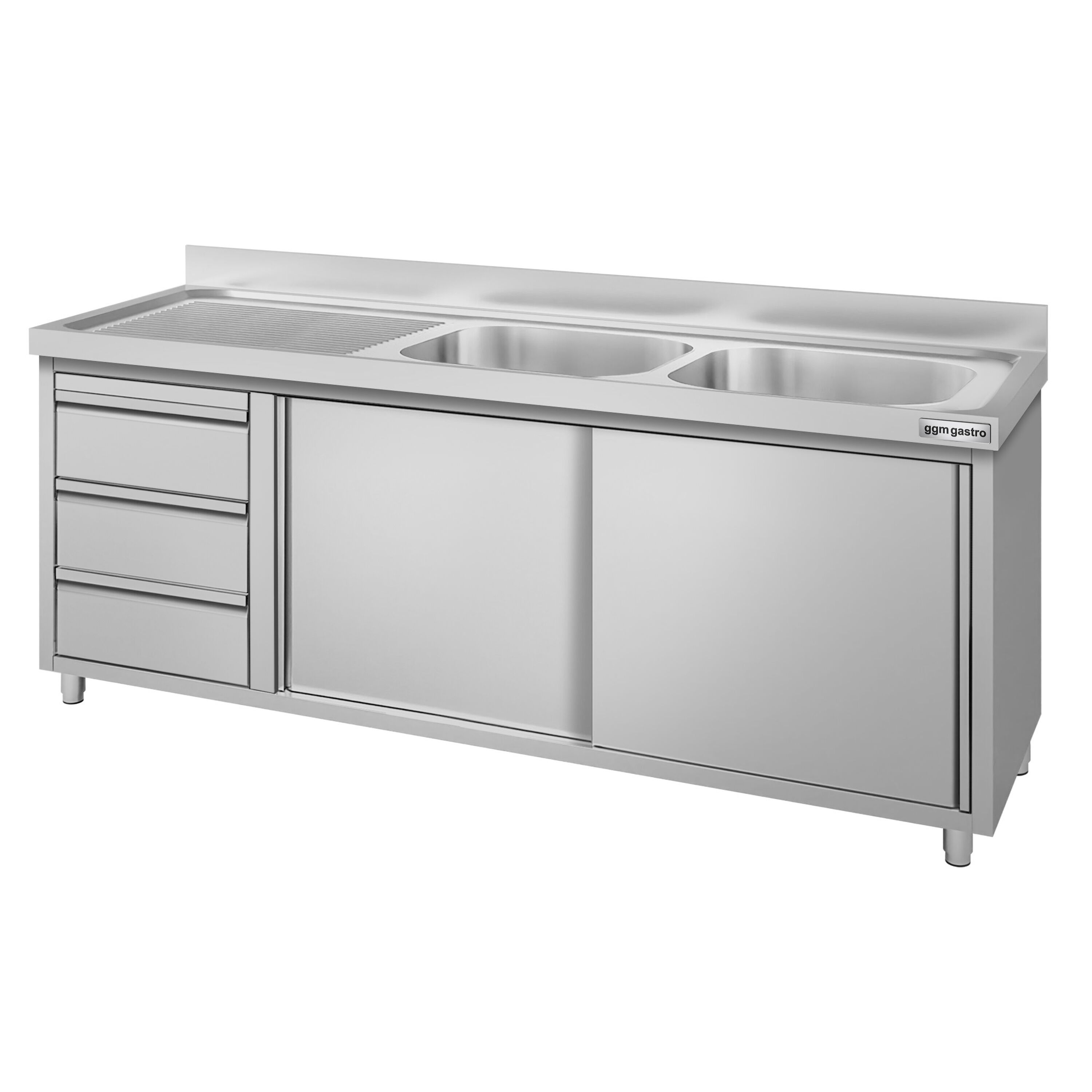 Meuble évier ECO - 2000 x 600 mm - avec 3 tiroirs & 2 bacs à droite