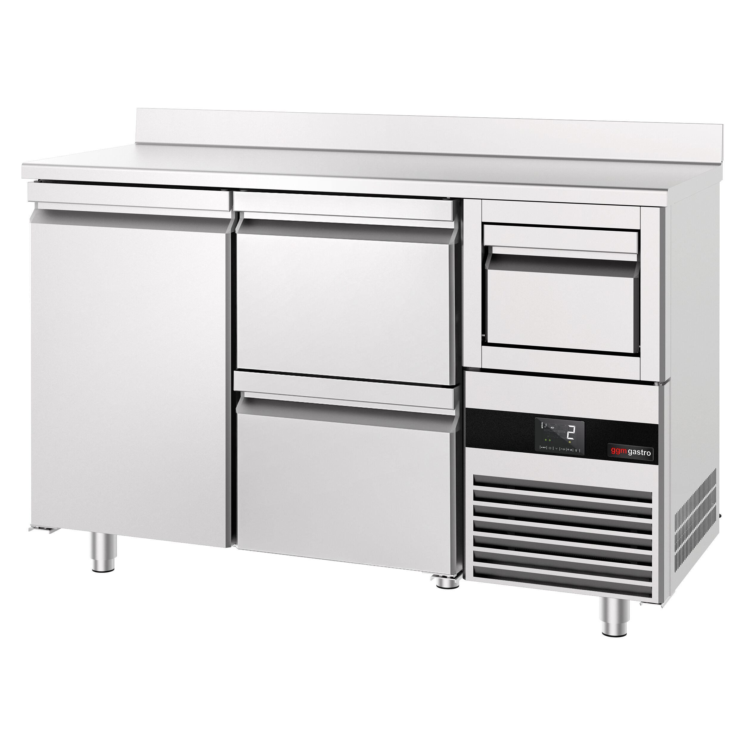 Arrière-bar réfrigéré professionnel  PREMIUM - 1580 x 600 mm - avec 1 porte et 2 tiroirs - avec dosseret - avec tiroir à marc de café