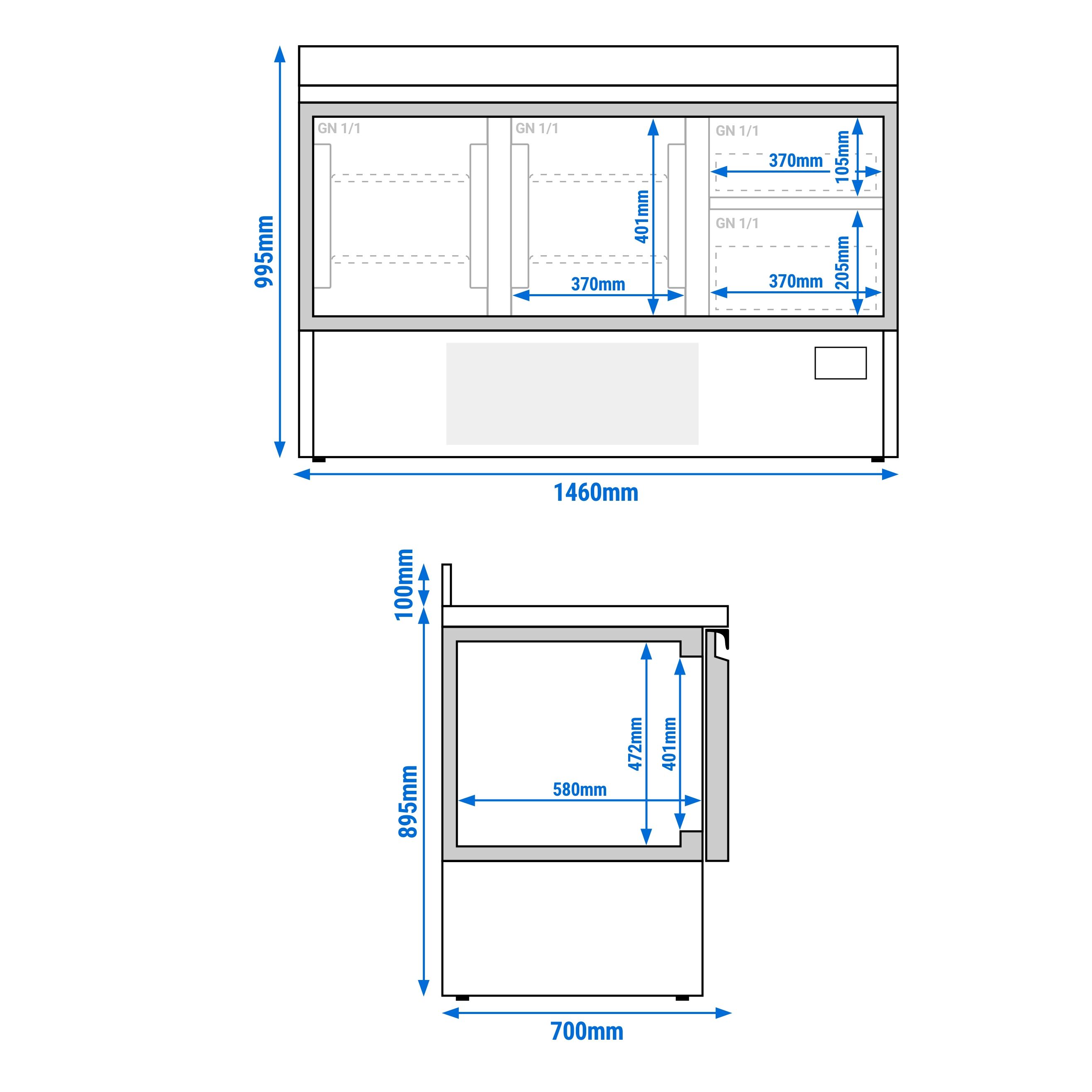 Table réfrigérée Premium PLUS - 1460 x 700 mm - avec 2 portes - 2 tiroirs - avec dosseret