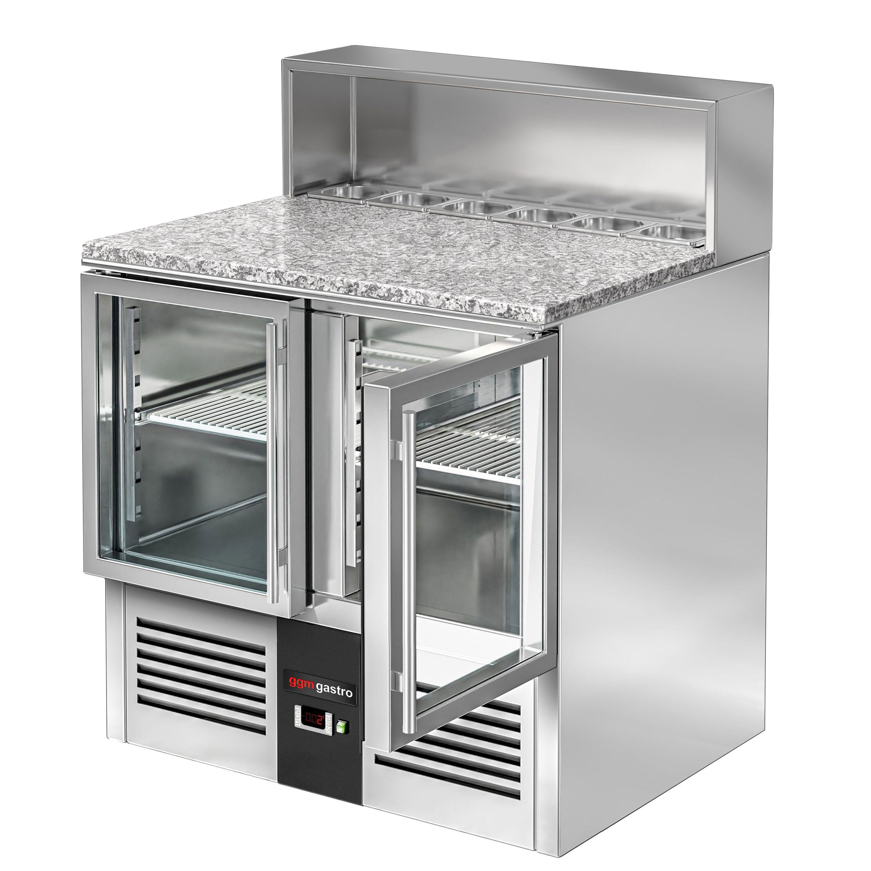 Saladette réfrigérée PREMIUM - 903mm - 240L - 2 portes vitrées - avec ensemble inox (dessus GN) pour 5x GN 1/6 & Couvercle inox - plan de travail en granit noir