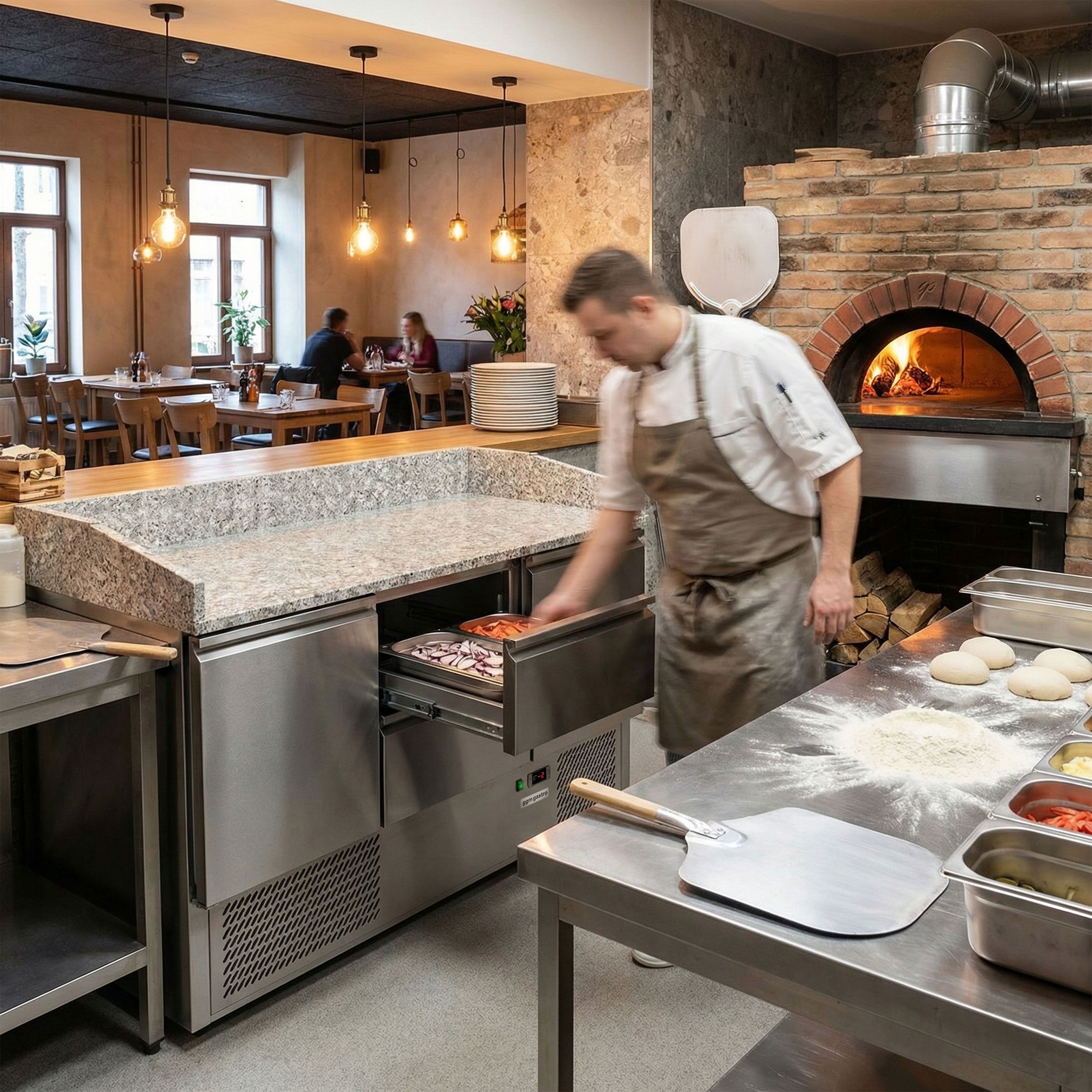 Commercial Pizza Prep Counter - Granite Top ECO - 1400x700mm - with 1 doors & 4 drawers
