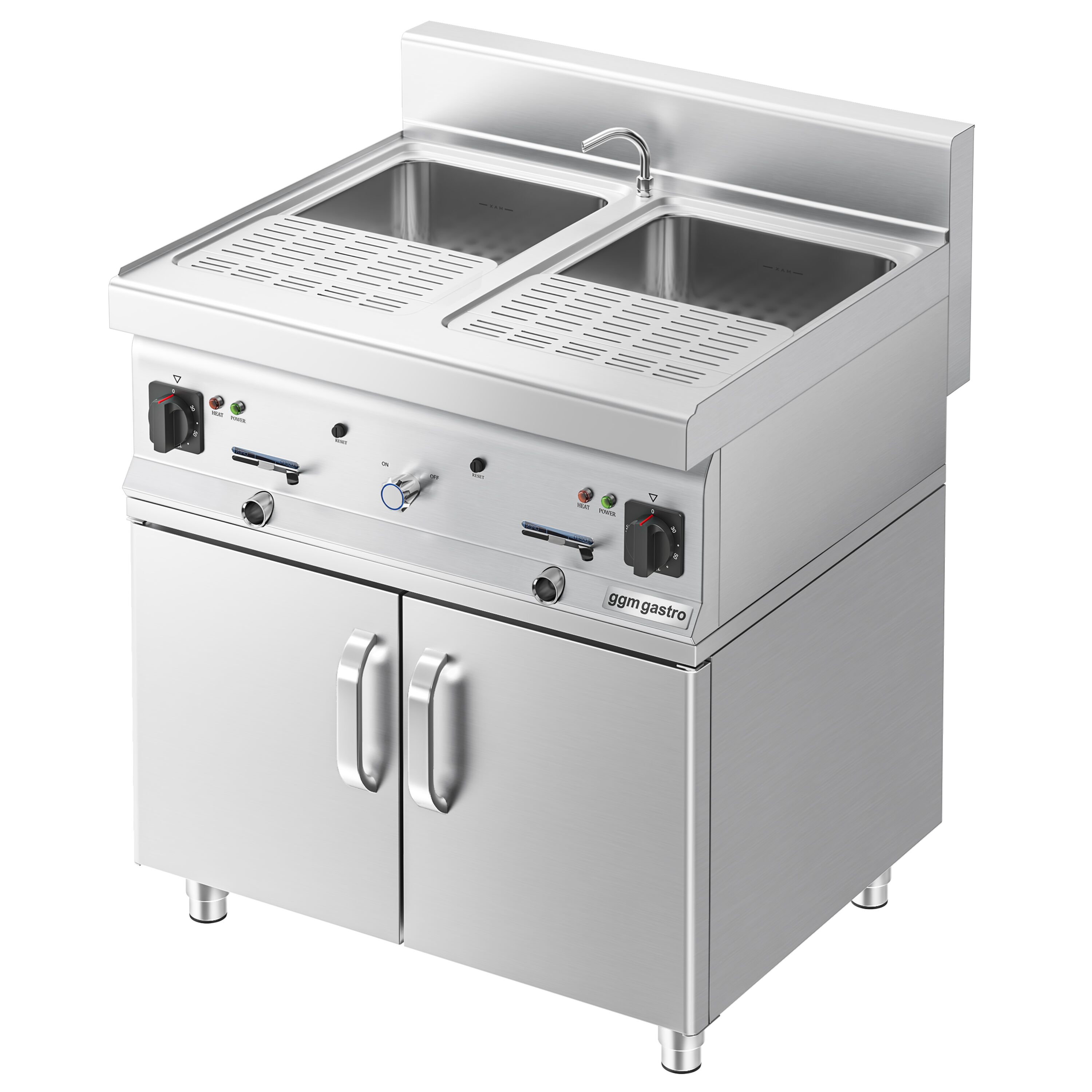 Cuiseur à pâtes électrique avec robinet – 2 × 26 L – 12 kW – incl. soubassement avec 2 portes