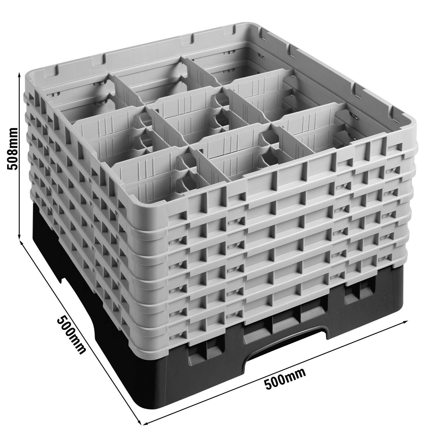 CAMBRO | CAMRACK® - Glazenwasmand 1/1 - 9 vakken - met 6 verlengstukken - 500x500mm - Zwart