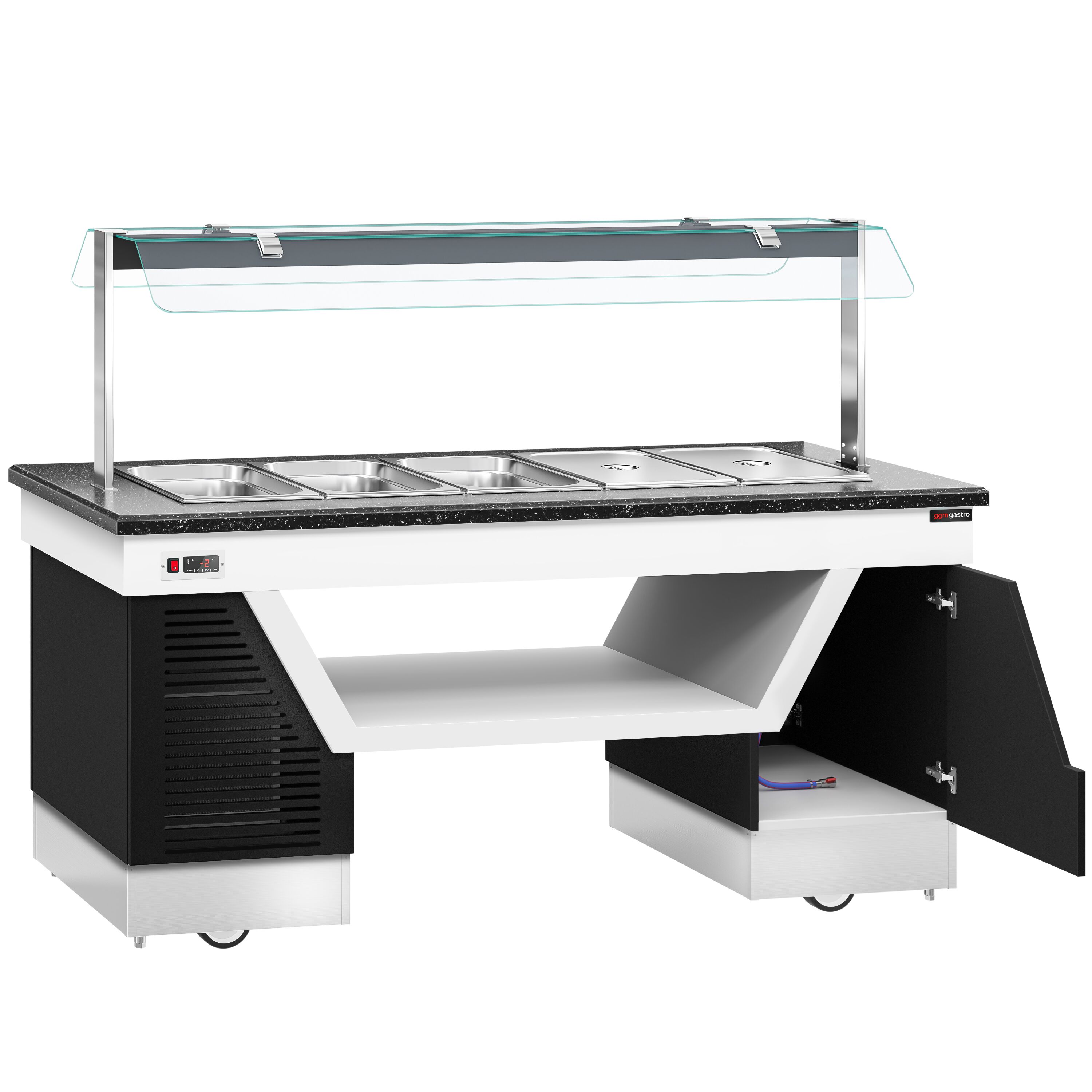 Refrigerated Buffet Display BELFAST - 2000mm - with Refrigerated Well + Flat Glass Sneeze Guard - on Castors - for 5x GN 1/1 - Black