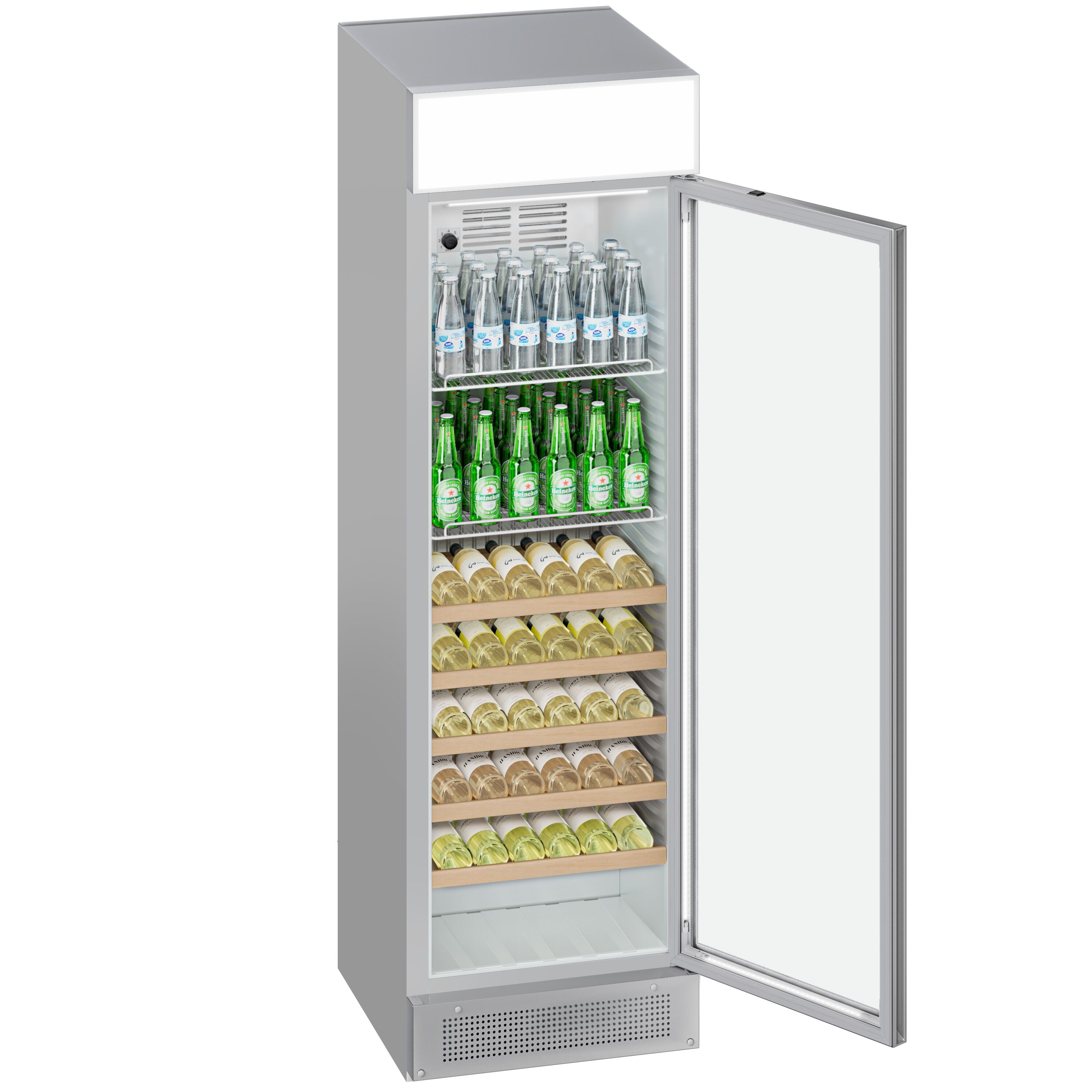 Vitrine réfrigérée à boissons - 595mm - 358 L - porte vitrée sans cadre - 1 porte vitrée - avec caisson lumineux - éclairage LED - affichage digital de la température - Gris - +1 à +10 °C