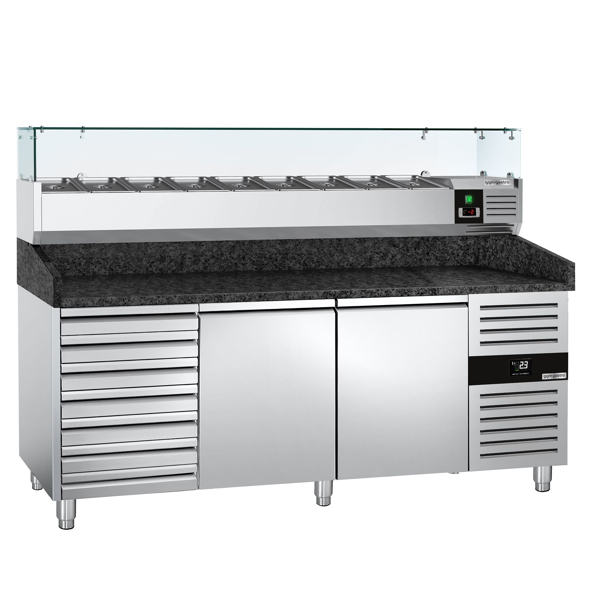 Table réfrigérée à pizza PREMIUM - 2000 x 800 mm - avec 2 portes et 7 tiroirs - incl. vitrine réfrigérée - 9 x GN 1/3