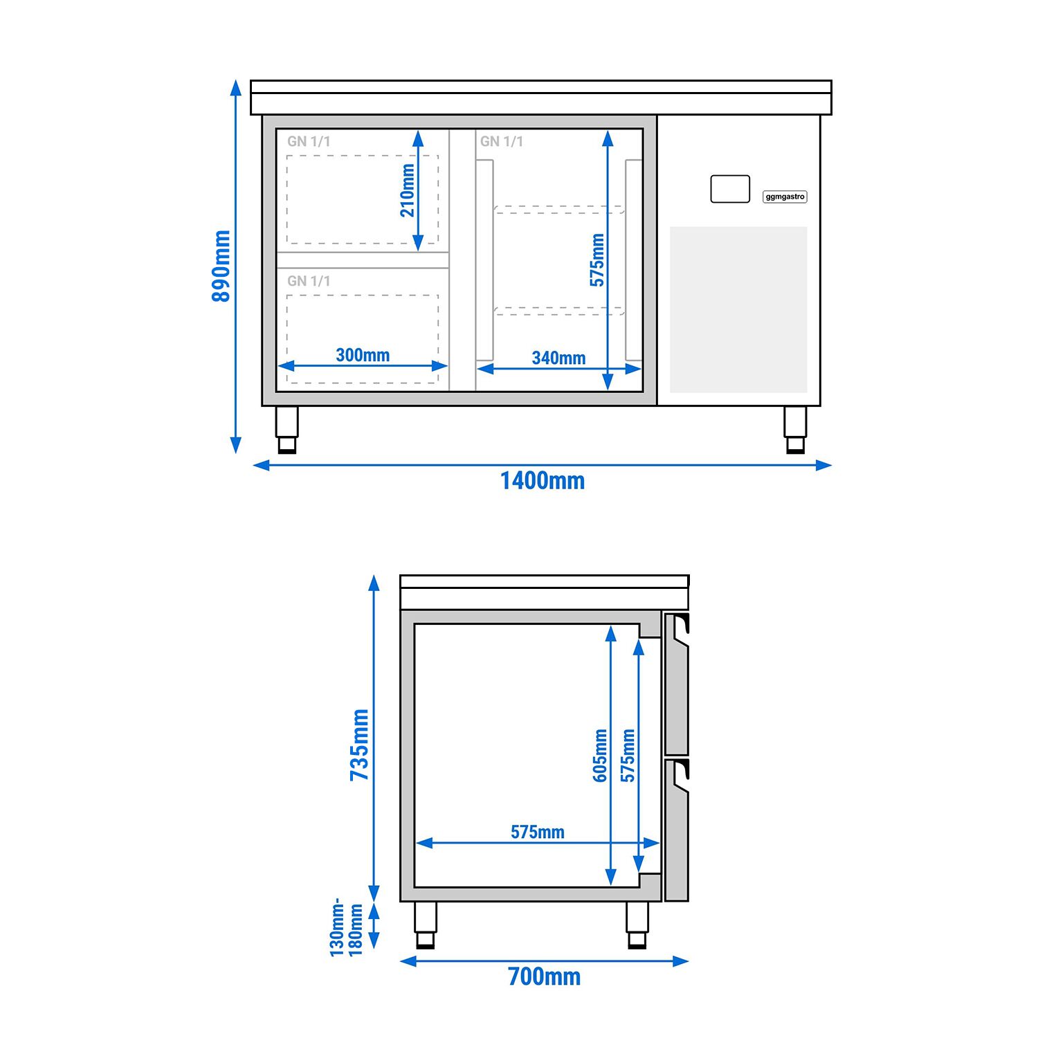 PREMIUM Refrigerated Counter – 1400 × 700 mm – with 1 Door & 2 Drawers – incl. Granite Worktop