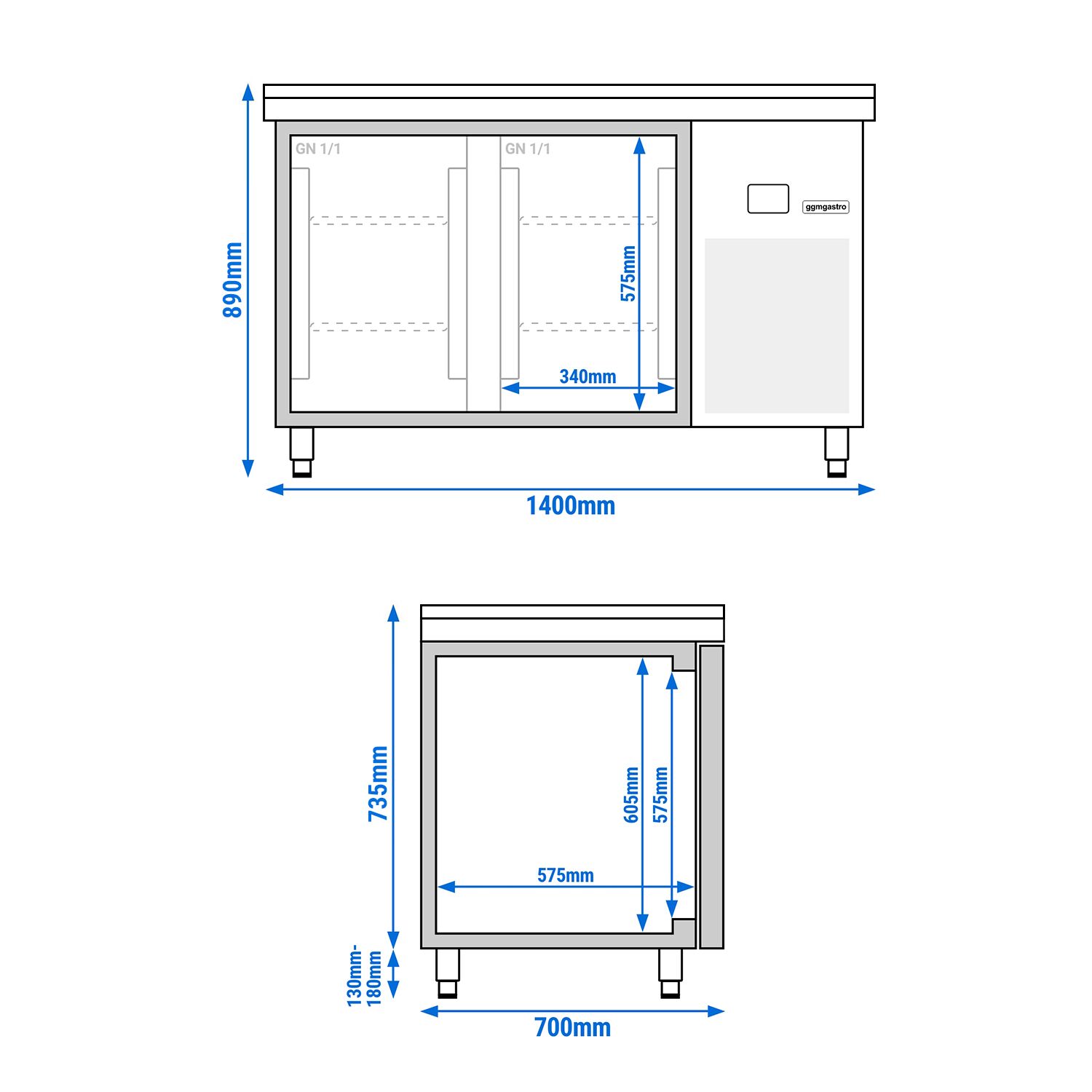 Stół chłodniczy – 1400 x 700 mm – 2 drzwi z tyłu – z przeszklonym frontem – wraz z blatem z granitu