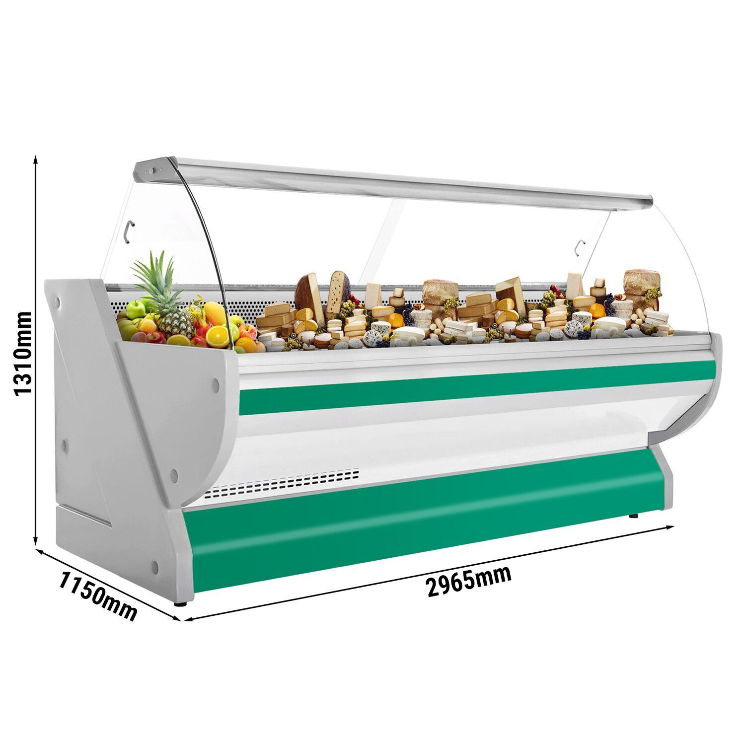 Comptoir vitrine réfrigérée - 2965x1150mm - Façade verte - vitre bombée - +1/+10°C - 570L