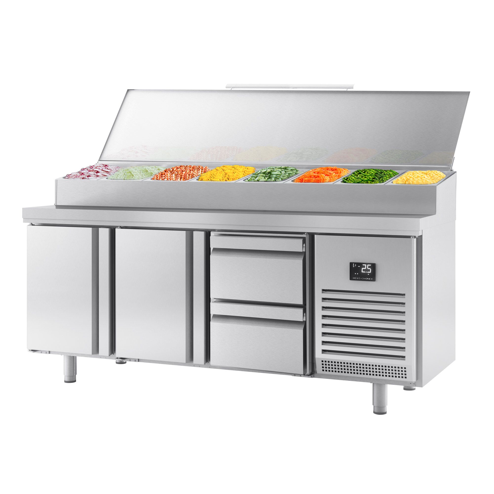 Table réfrigérée de préparation - 1960x600 mm - avec 2 portes & 2 tiroirs - superstructure inox pour 11 bacs GN 1/4