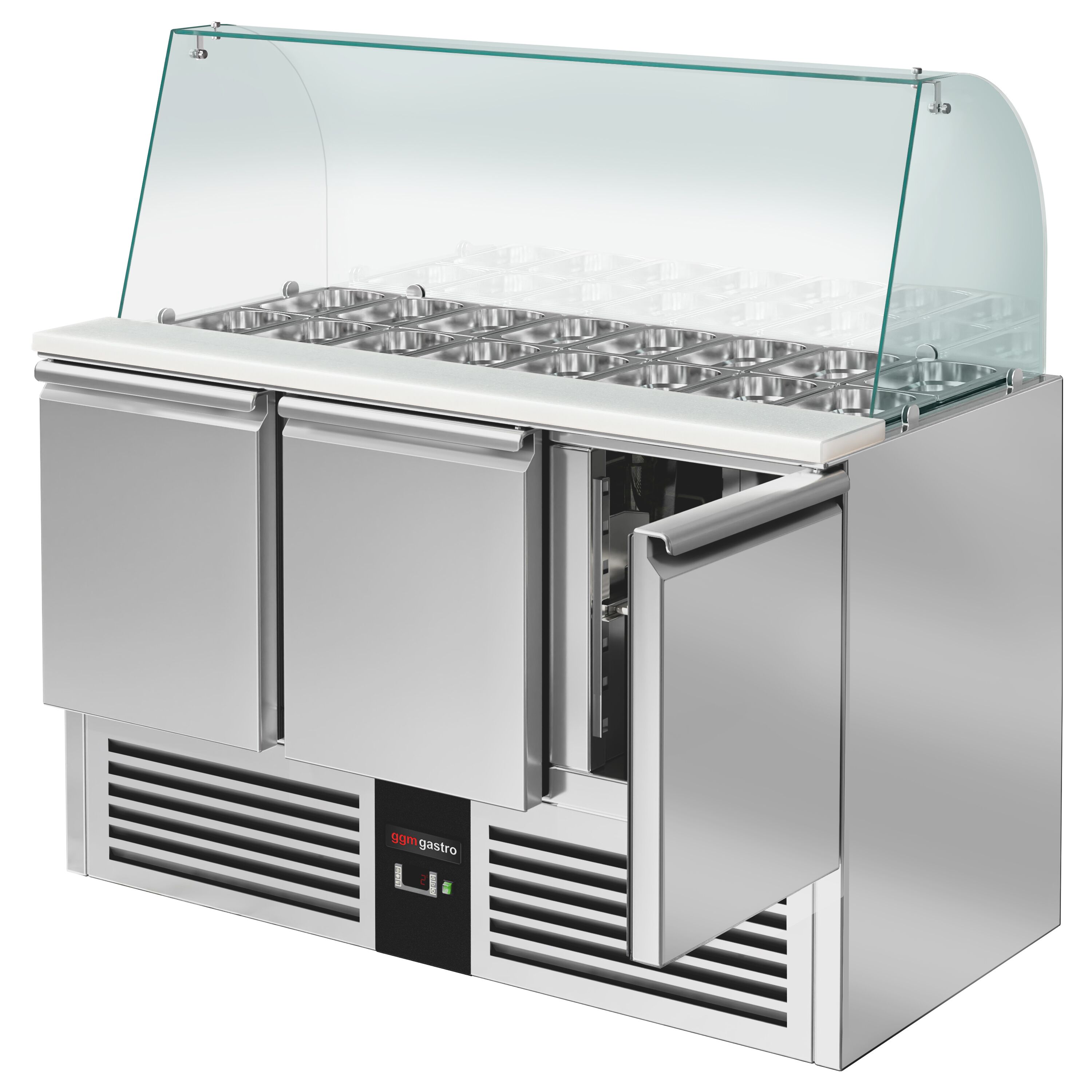 Saladette réfrigérée PREMIUM - 1368mm - 368L - 3 portes - avec vitrine de comptoir pour 4x GN 1/1