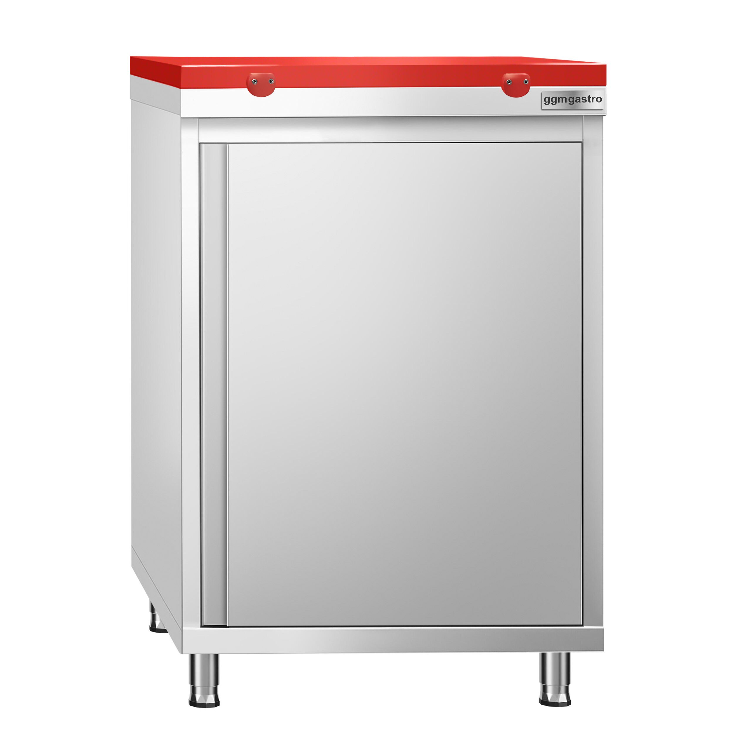 Table armoire en acier inoxydable PREMIUM - 600x600mm - avec portes battantes et étagère basse - pour viande crue - incl. plateau de découpe Rouge PEHD (HACCP)