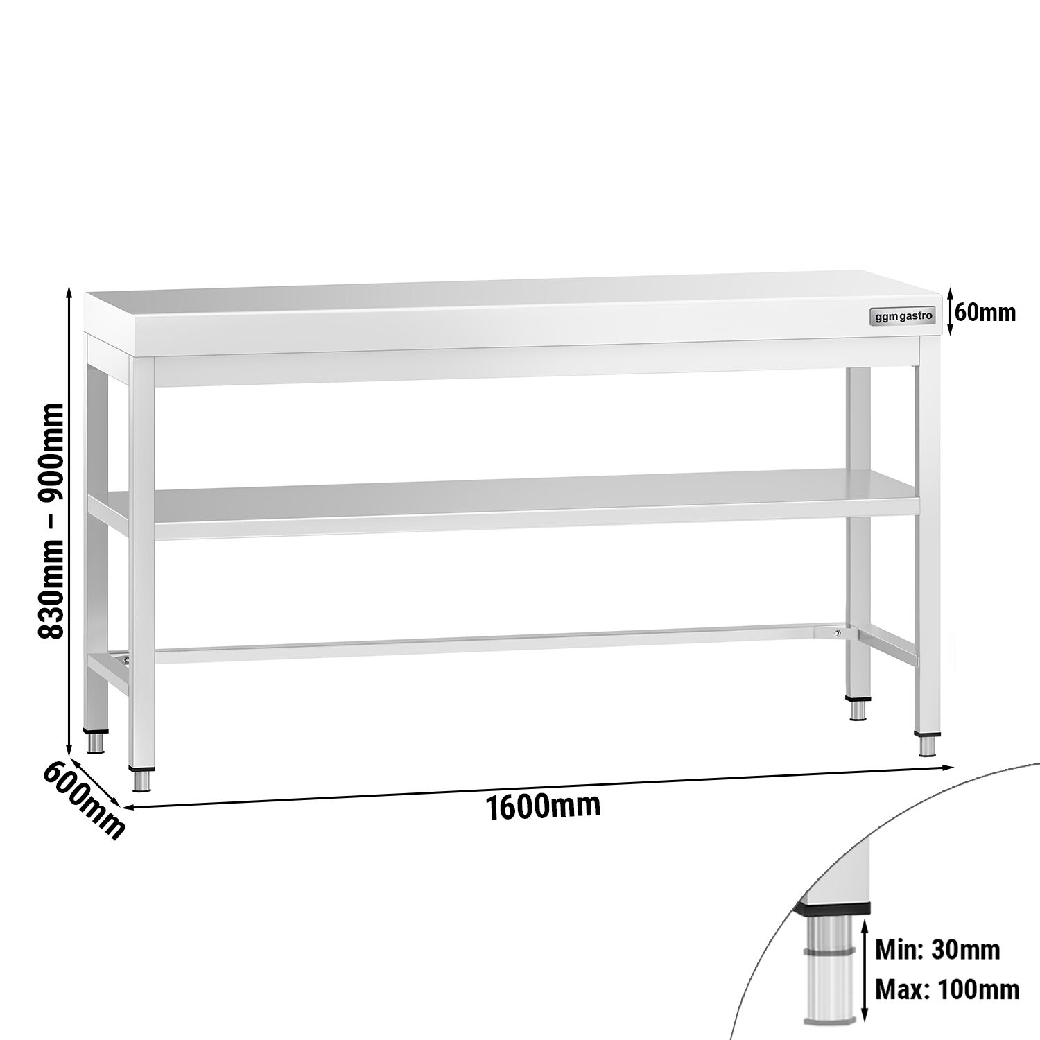 Table de travail inox PREMIUM - 1600 x 600 mm - avec tablette inférieure & Renforts